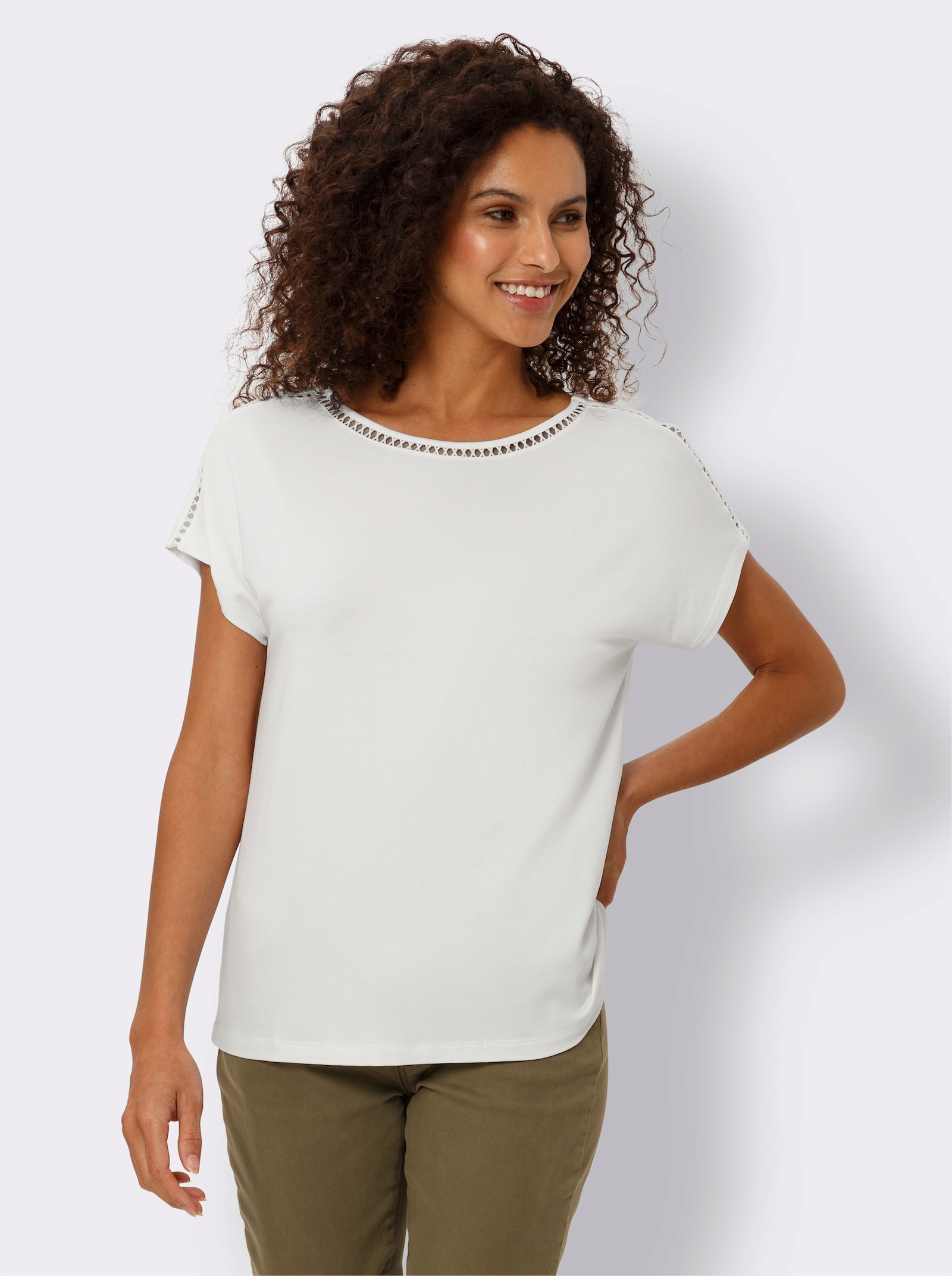 heine Shirt met ronde hals en broderie anglaise - ecru