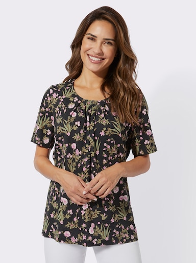 Kurzarmshirt mit Blümchenmuster - schwarz-rosé-bedruckt