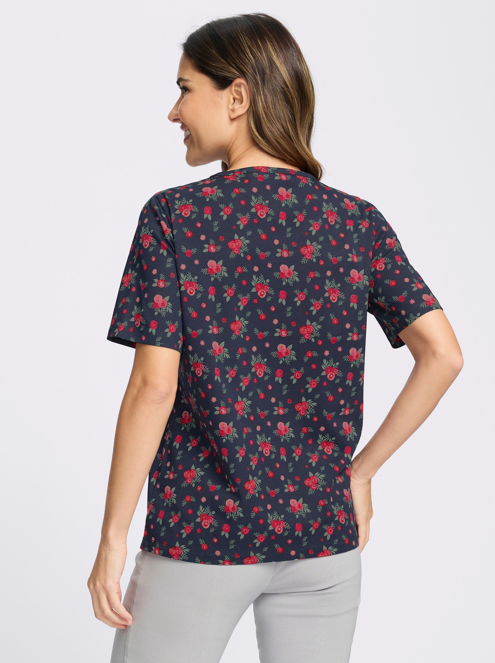 Kurzarmshirt mit Falten am Ausschnitt - marine-rot-bedruckt