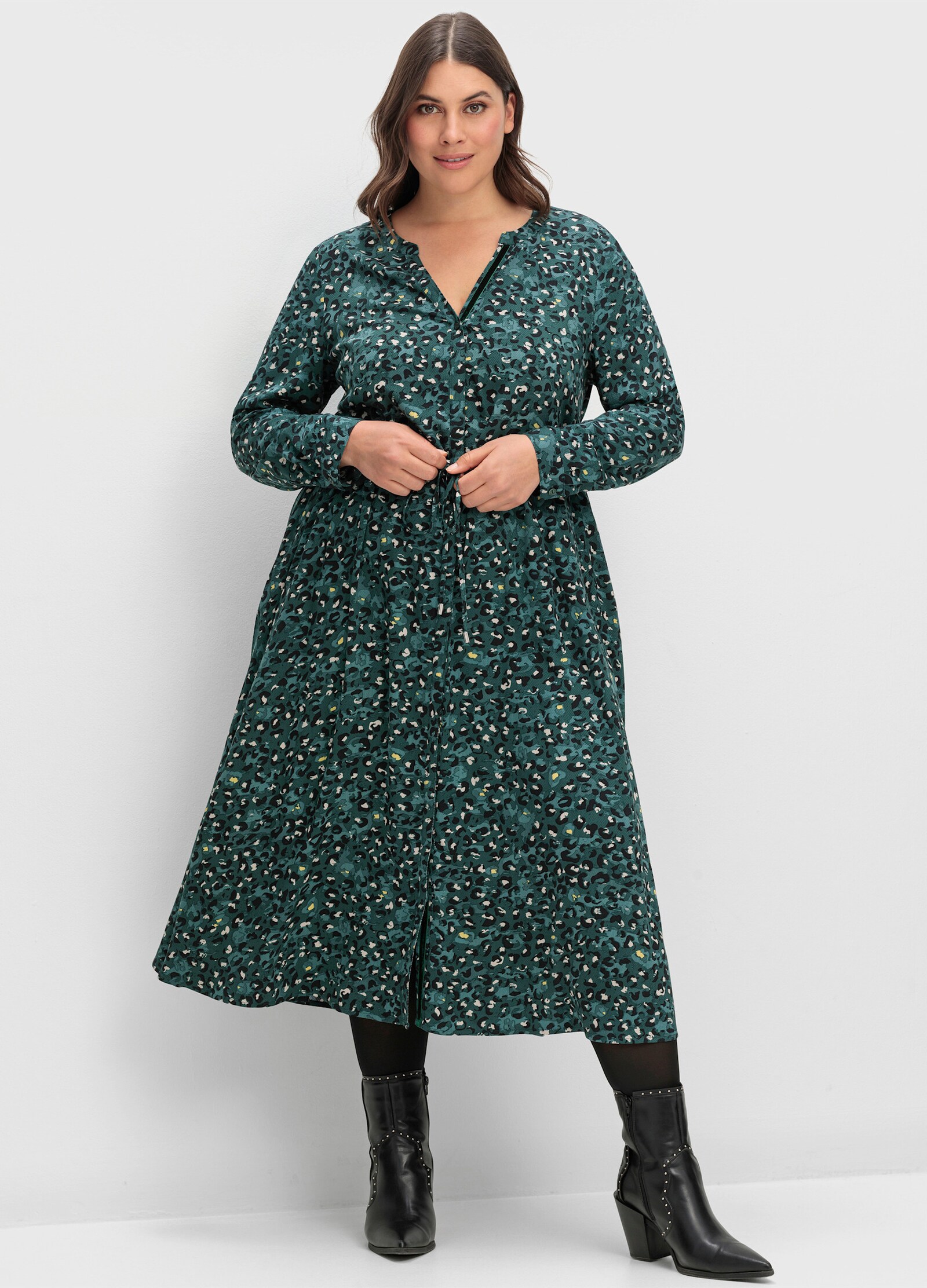 sheego Blusenkleid mit Tunnelzug in der Taille - tiefgrün-gemustert