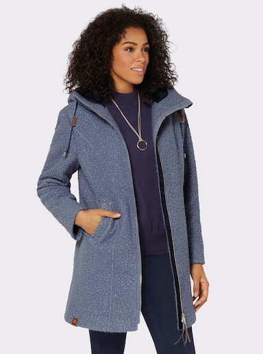 Boucléjacke mit Lederimitat-Details - taubenblau
