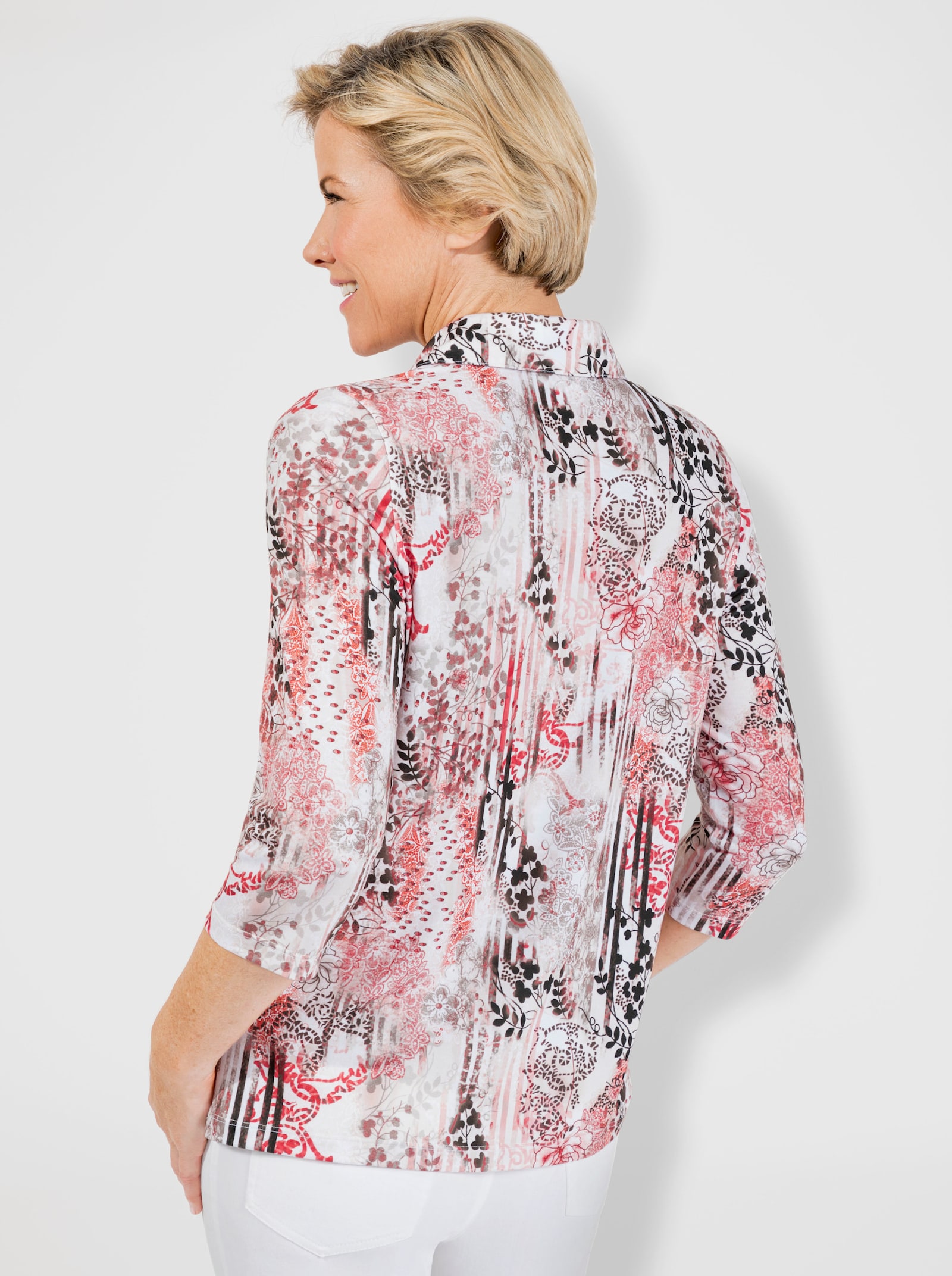 Poloshirt mit floralem Druck - koralle-graphit-bedruckt