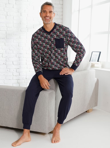 Pyjama met top met grafisch patroon - marine/rood geprint