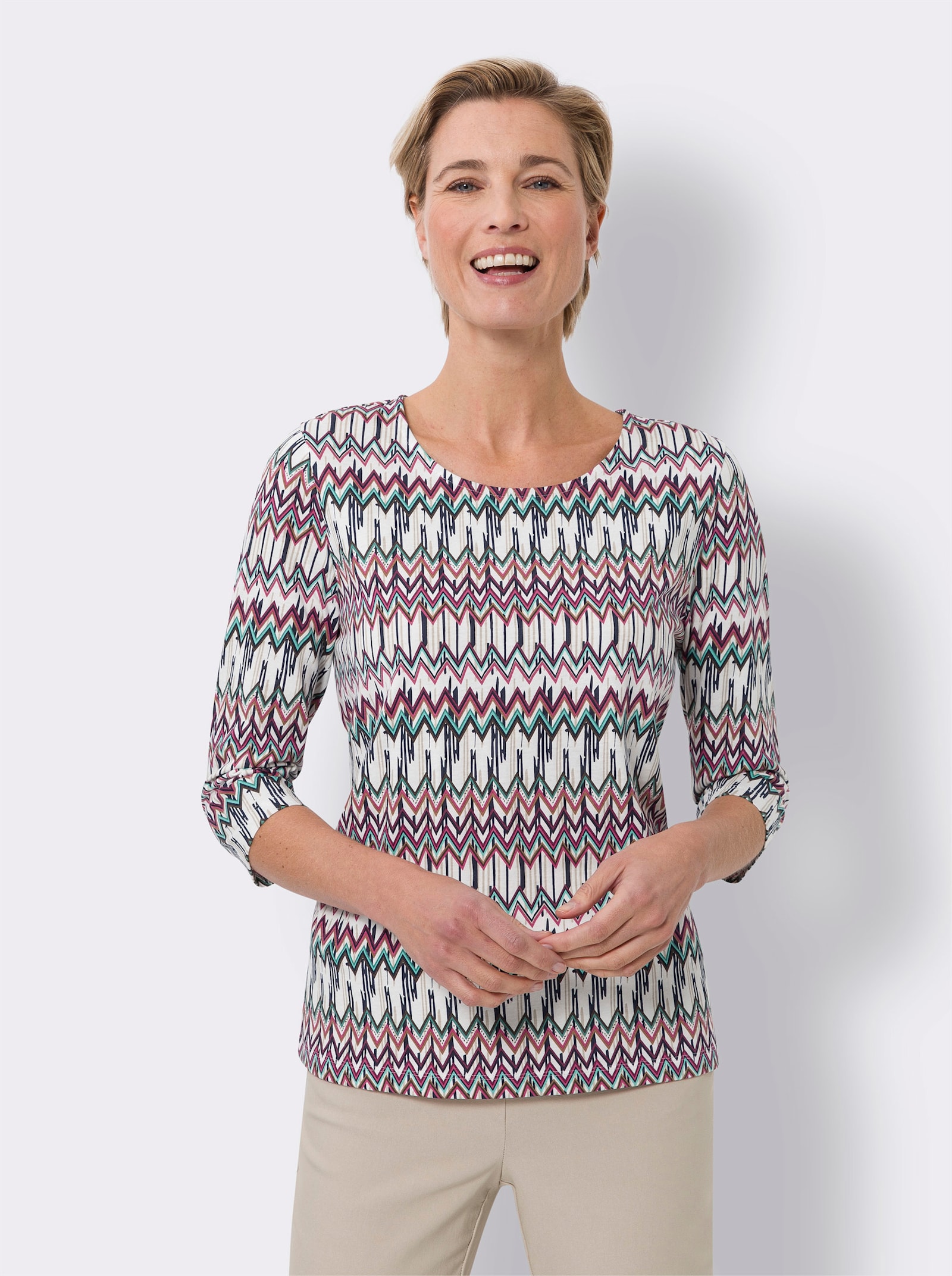 Shirt met 3/4-mouwen van katoen - ecru/fuchsia geprint