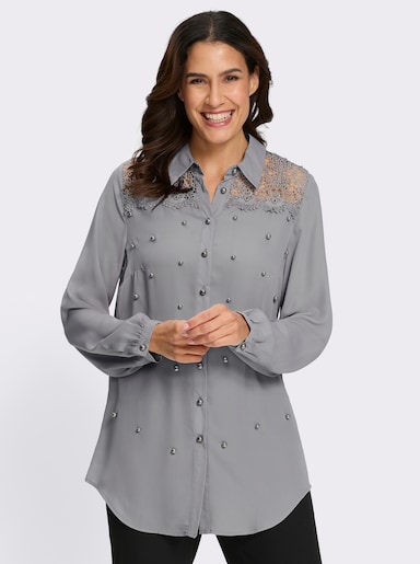 Longbluse mit Spitze und Zierperlen - steingrau