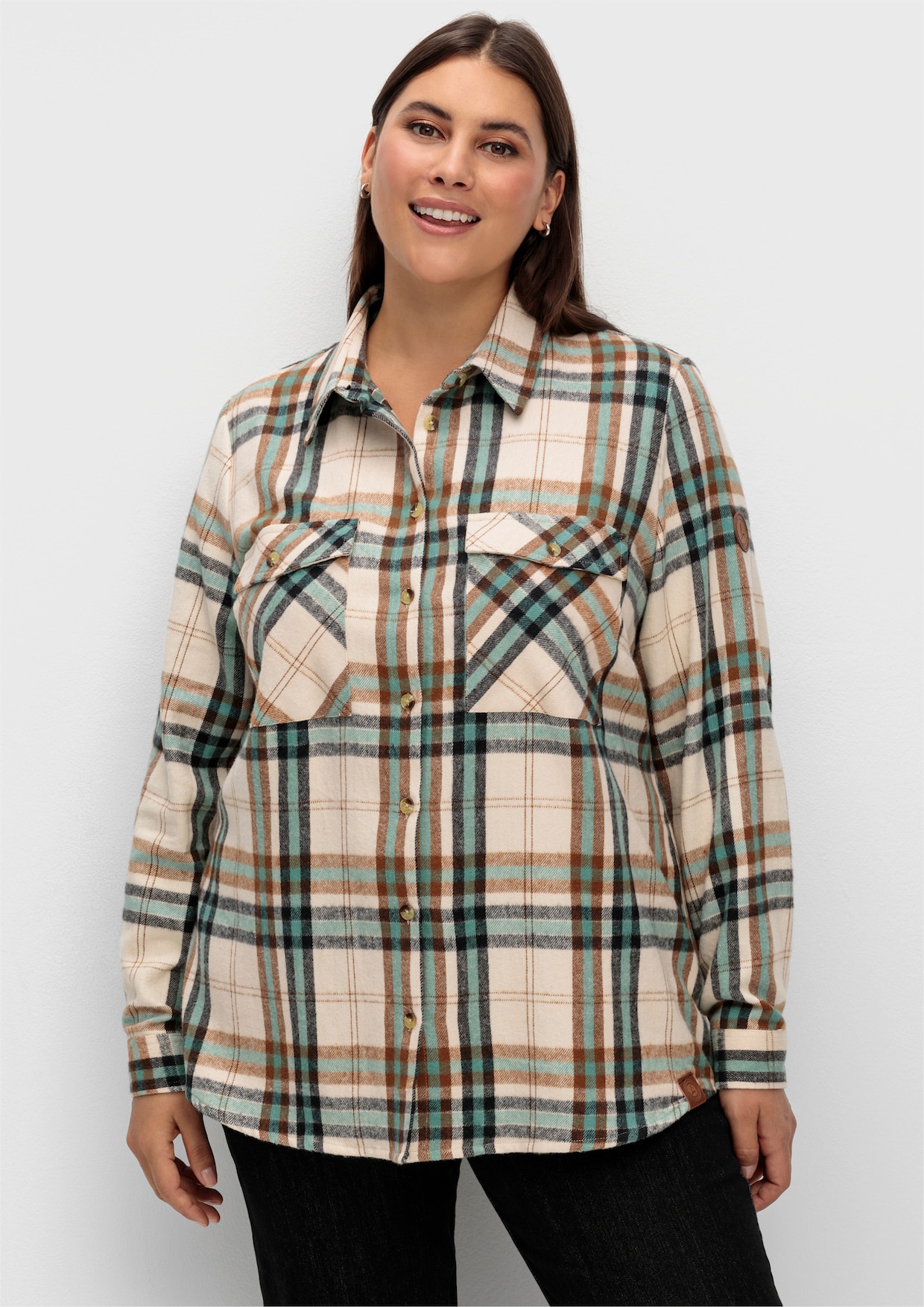 Flanellbluse mit mehrfarbigem Webkaro - jade-elfenbein-kariert