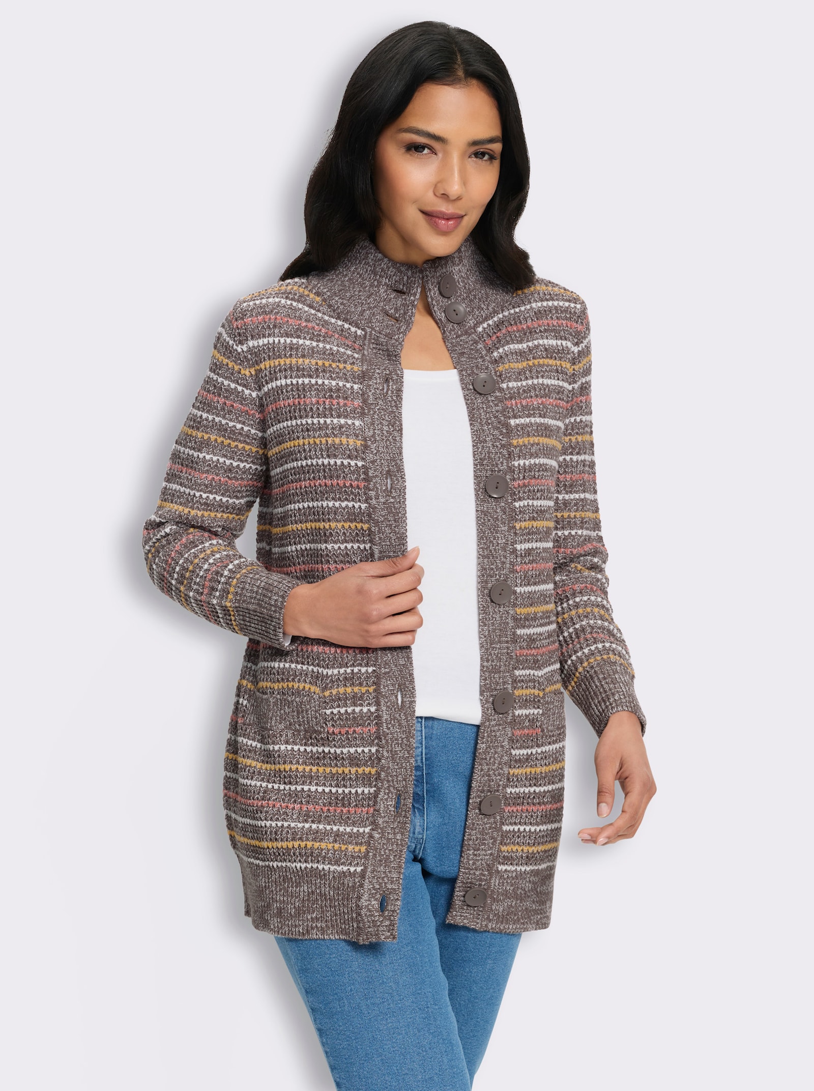 Strickjacke im Streifenmuster - dunkeltaupe-ecru-gestreift