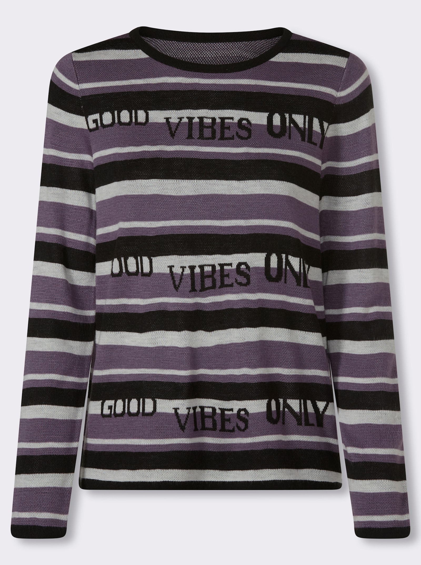Jacquard-Pullover mit Streifen und Schriftzug - schwarz-feige-gemustert