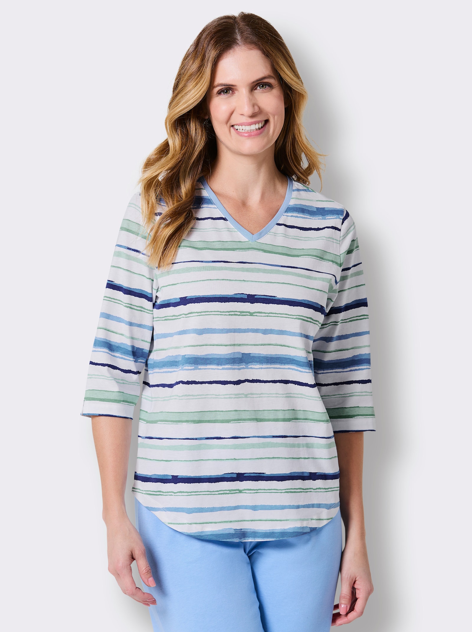 wäschepur Schlafanzugshirt mit Streifen - himmelblau-weiß-gestreift