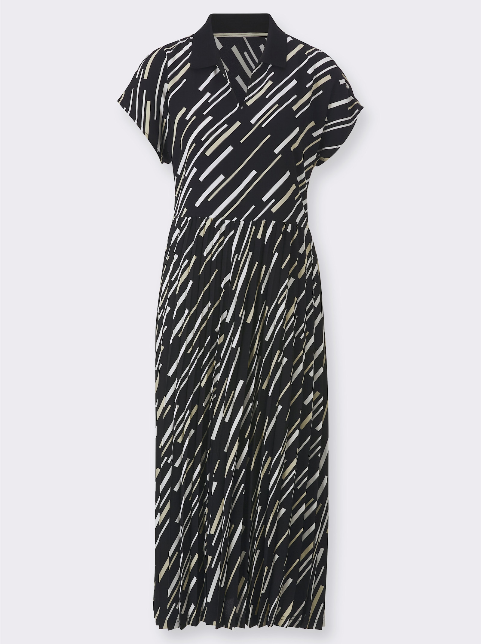 Plisséjurk met polokraag en V-hals - zwart/zand geprint