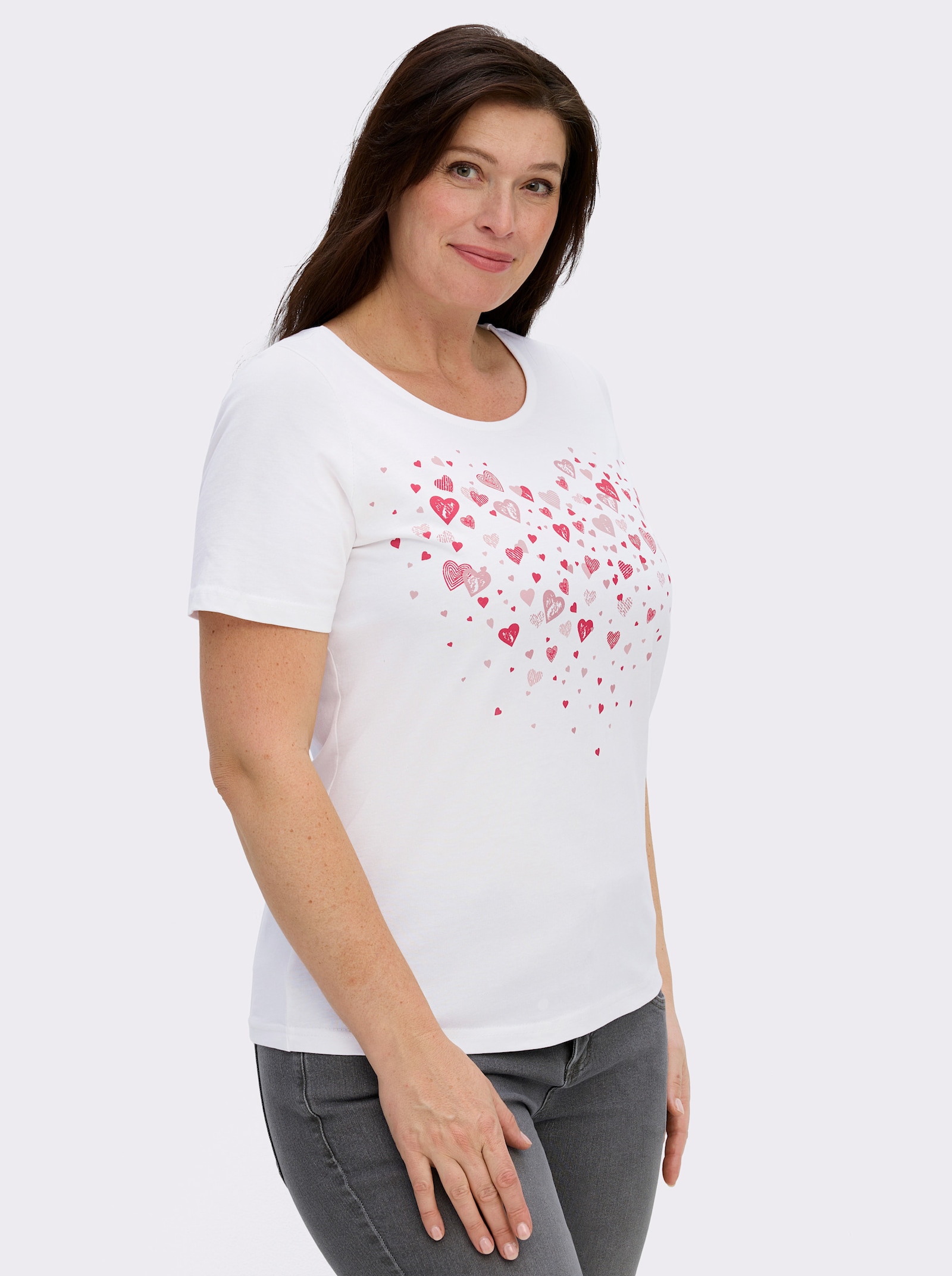 Kurzarmshirt mit Herz-Druck - weiß-pink