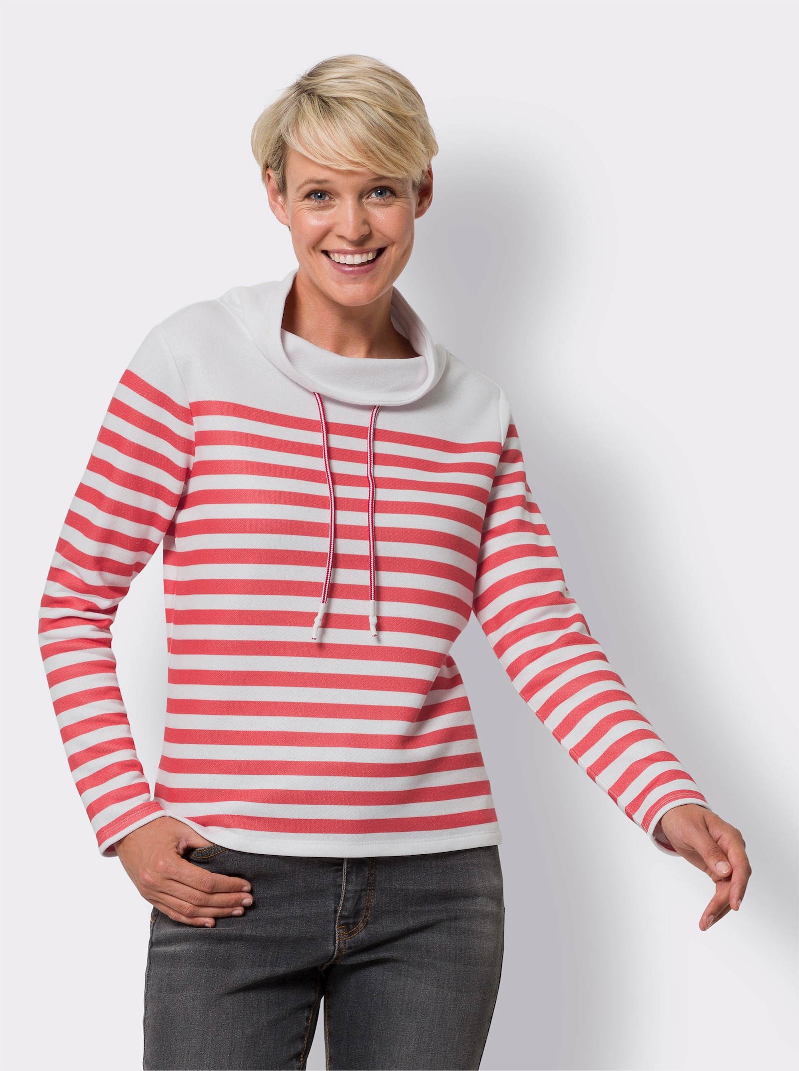 Sweatshirt im Marine-Stil - weiss-grapefruit-geringelt