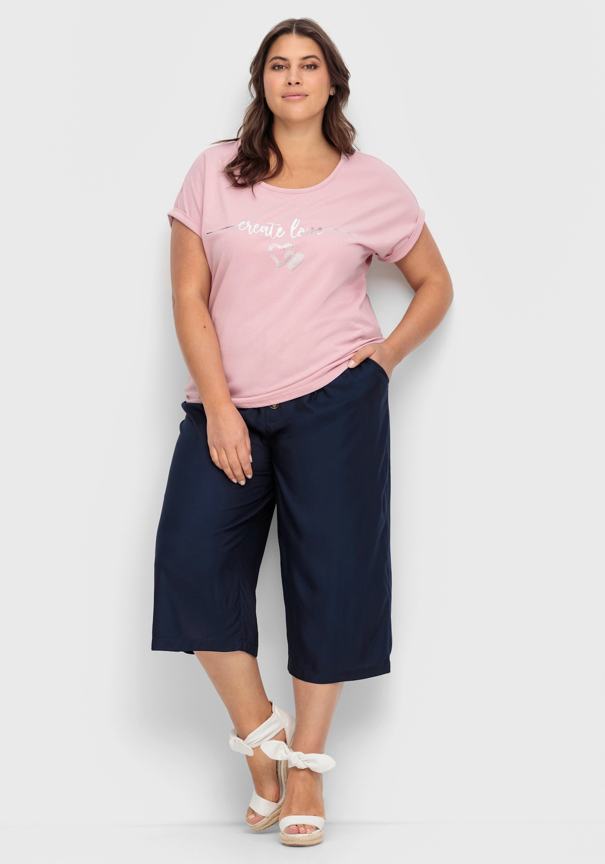 Rundhalsshirt mit Ärmel-Aufschlag - hortensie