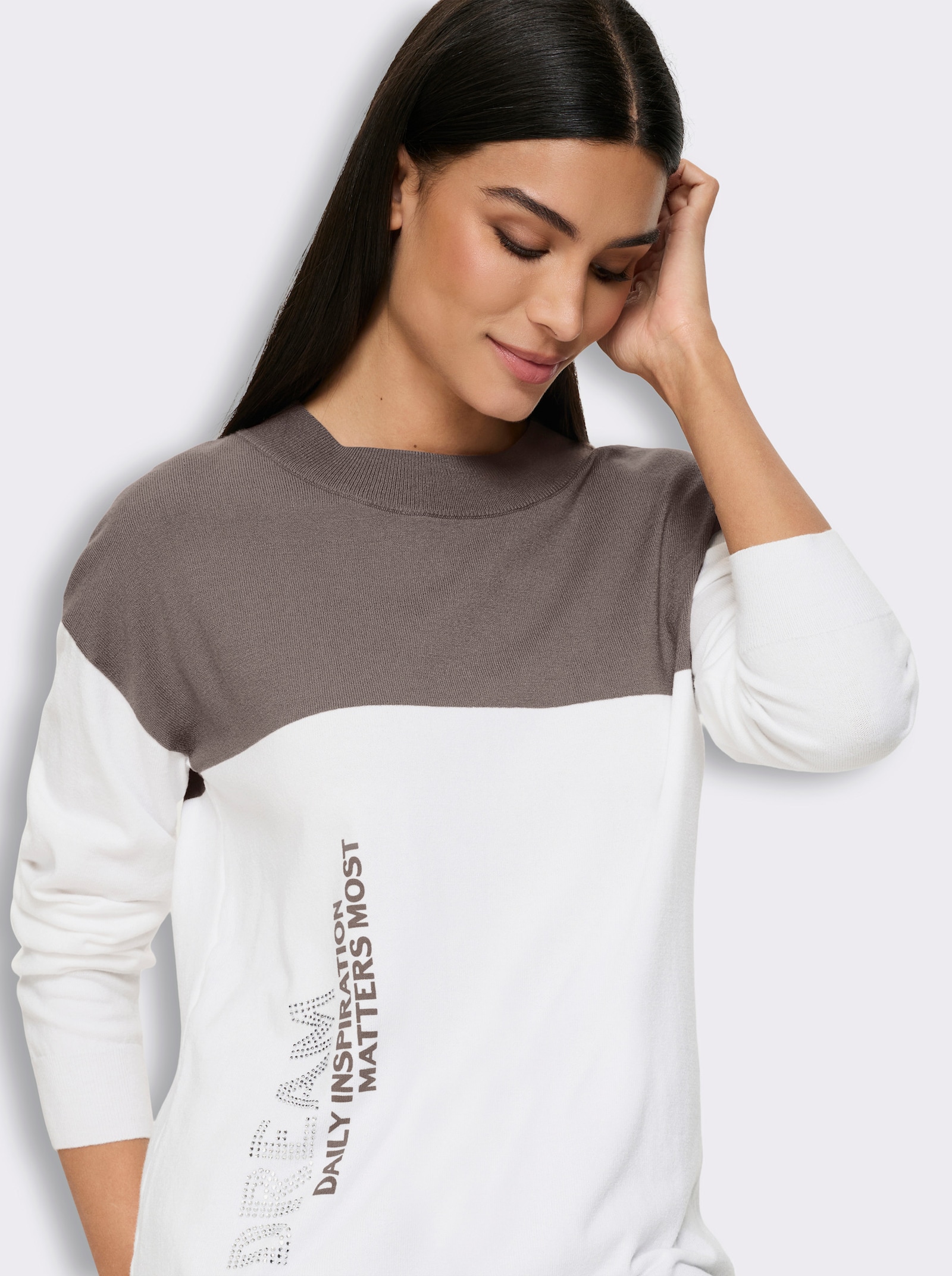 heine Langarm-Pullover im Colour blocking - taupe-ecru-gemustert