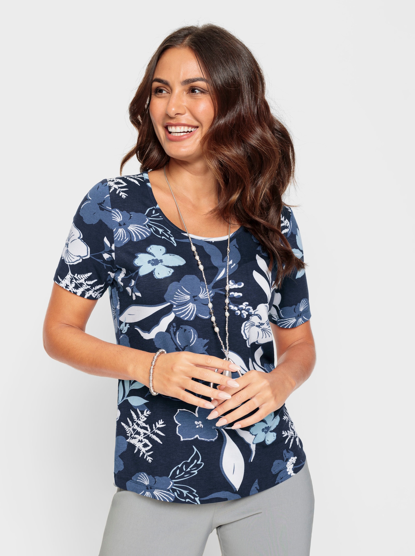 Print-Shirt mit Blüten-Druck - marine-jeansblau-bedruckt