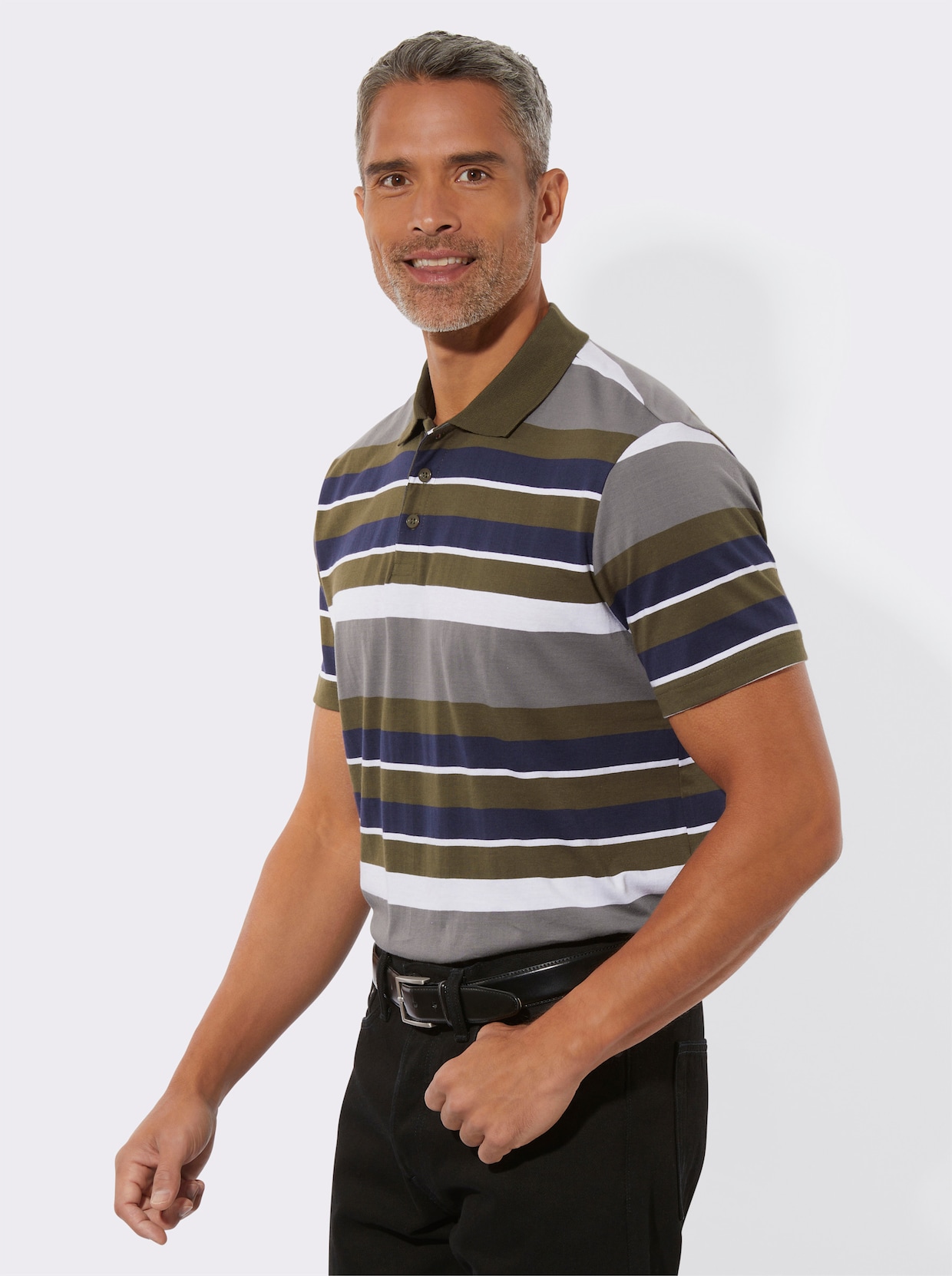 Poloshirt - oliv-weiß-geringelt