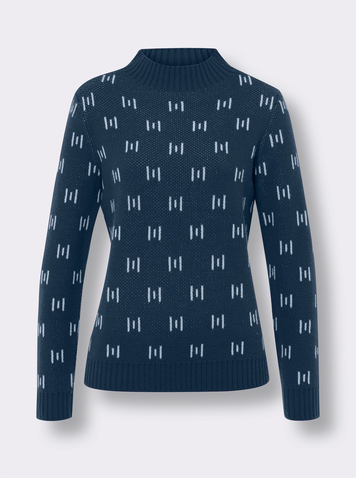 Trui met opstaande kraag - donkerblauw/ecru gedessineerd