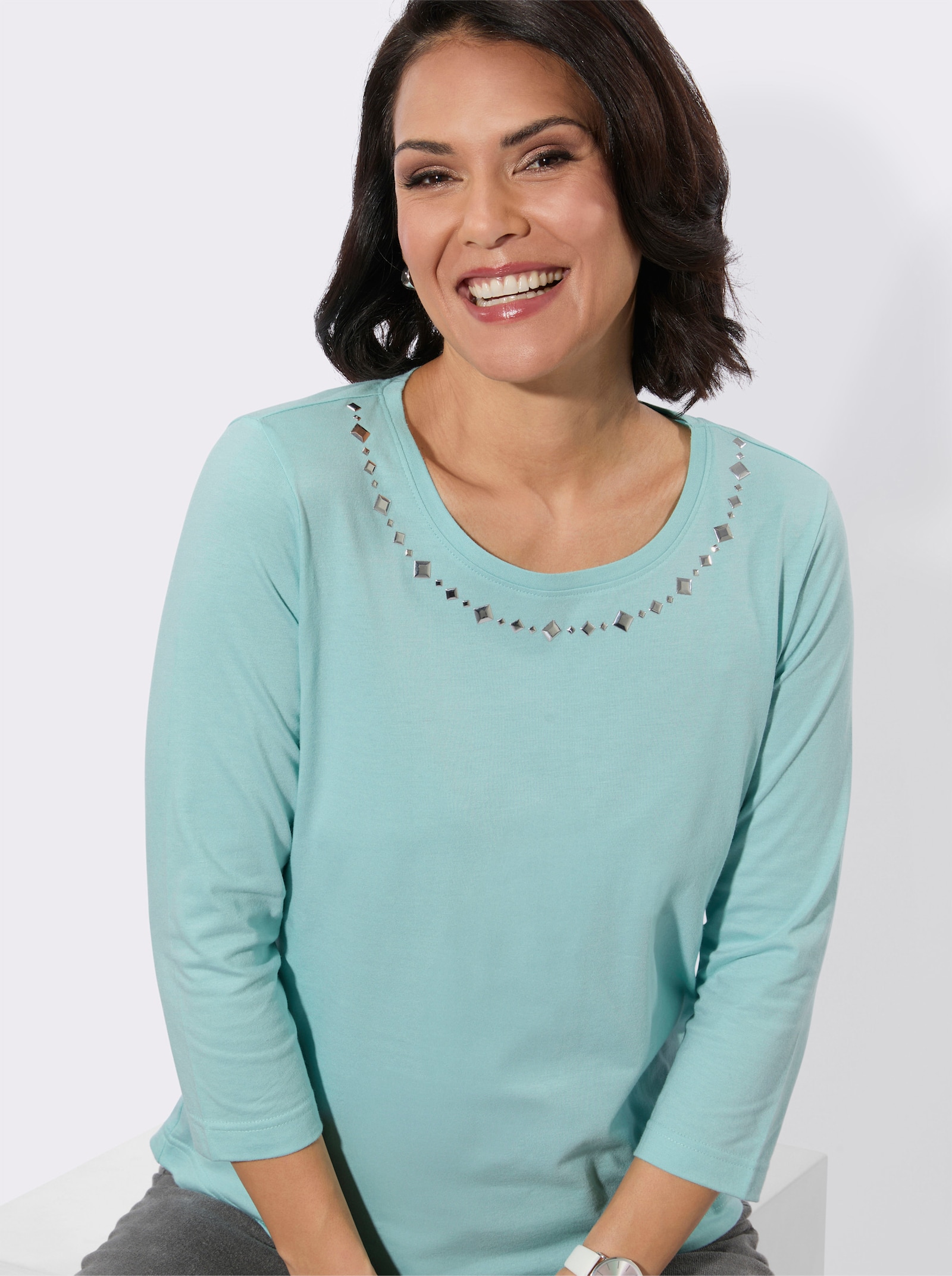 Rundhalsshirt mit Ziersteinchen - mint