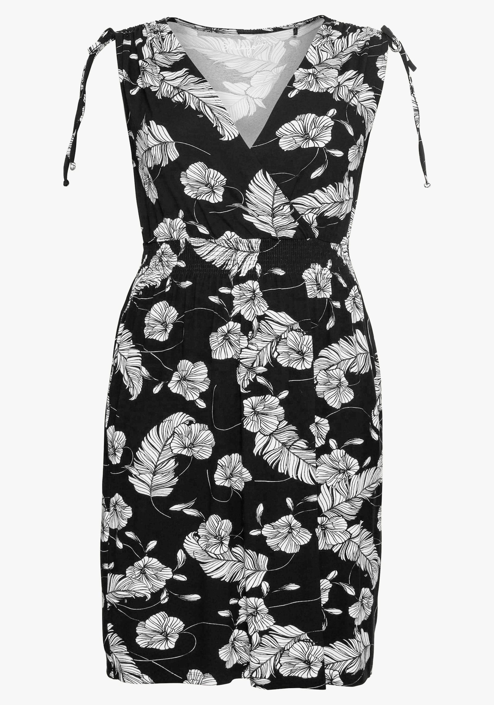 sheego Strandkleid mit Blumenprint, in Wickeloptik - schwarz-weiß