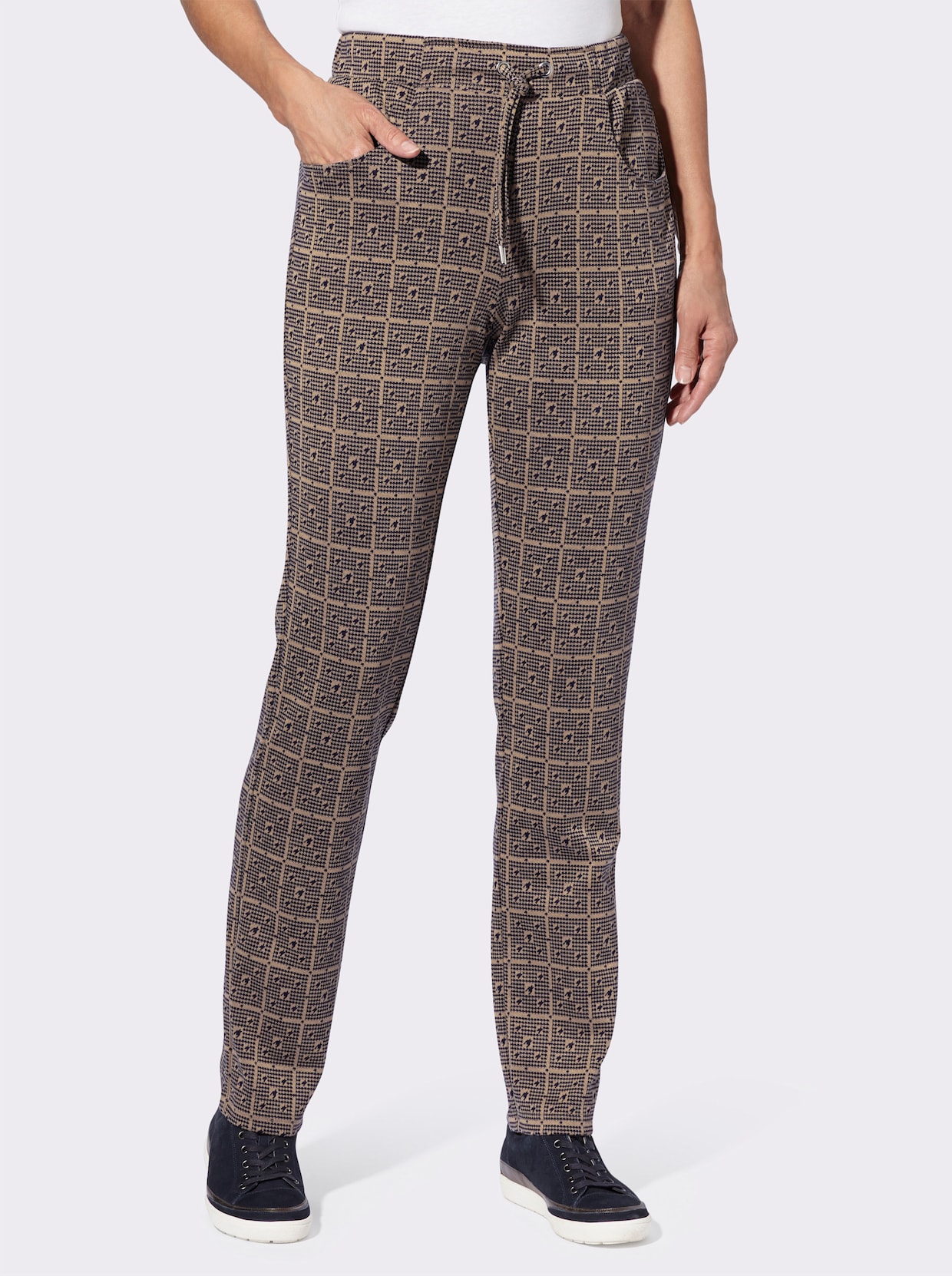 Jerseybroek - marine/camel gedessineerd