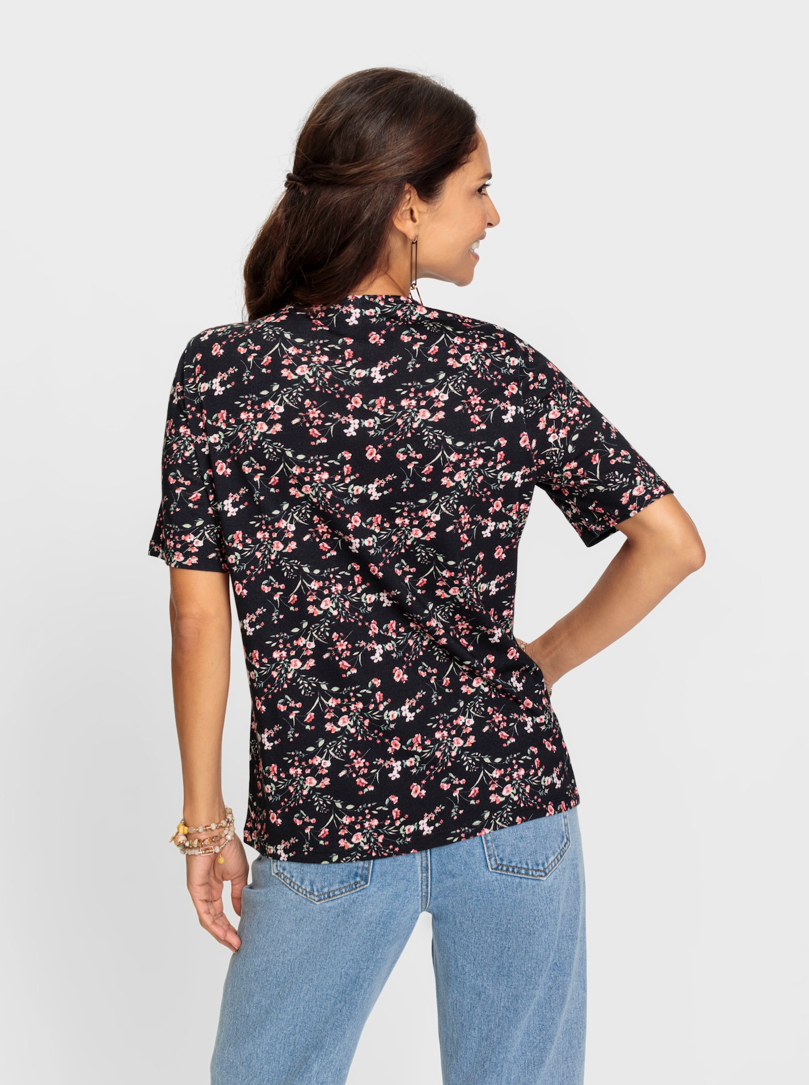 Kurzarmshirt mit Reißverschluss am Ausschnitt - schwarz-hellrosé-gemustert