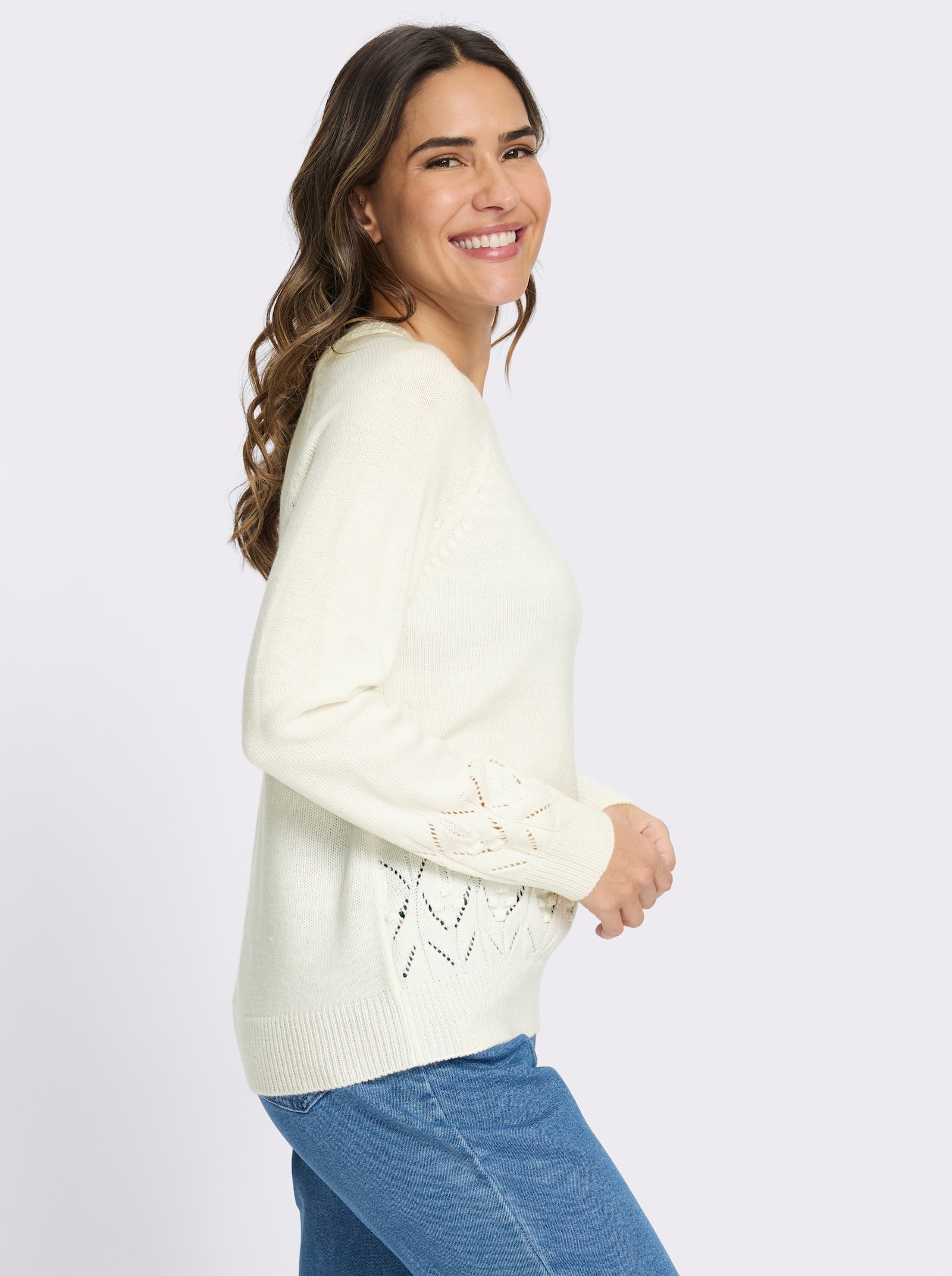 Langarm-Pullover mit Strickmuster im Vorderteil - ecru