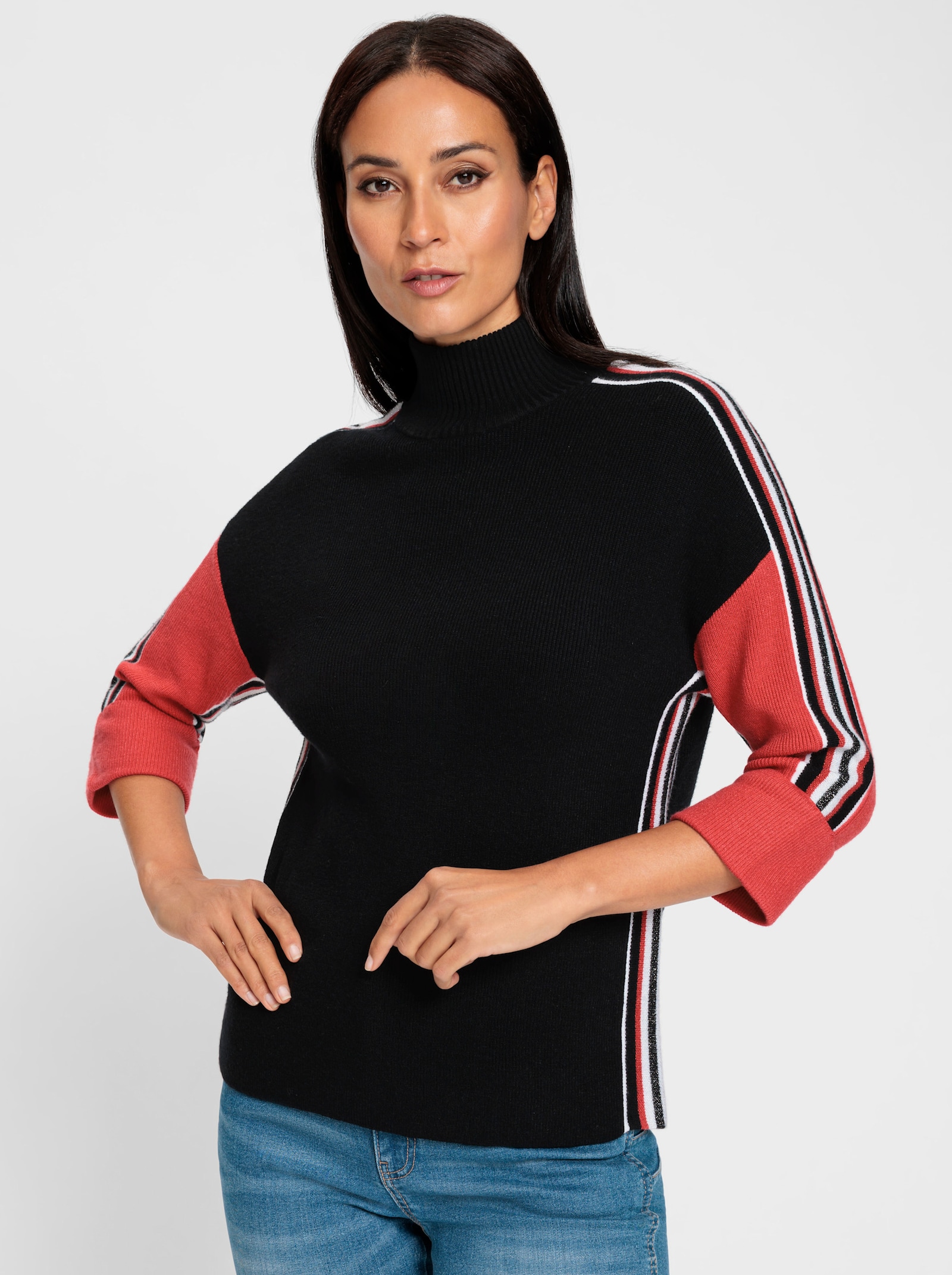 heine Pull à manches 3/4 avec effets de brillance - noir-fraise à motifs