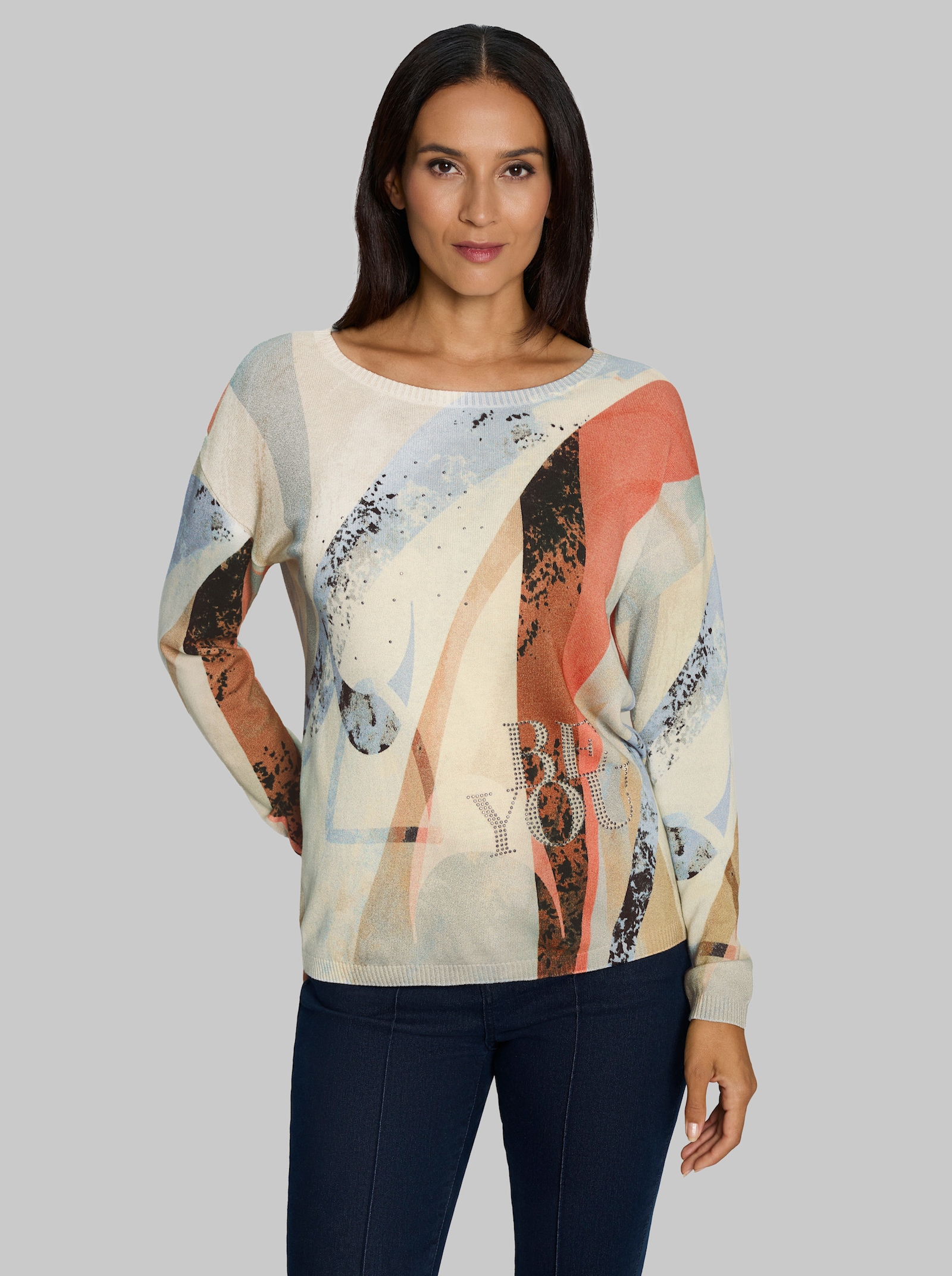heine Feinstrickpullover mit Alloverdruck - ecru-bleu-bedruckt