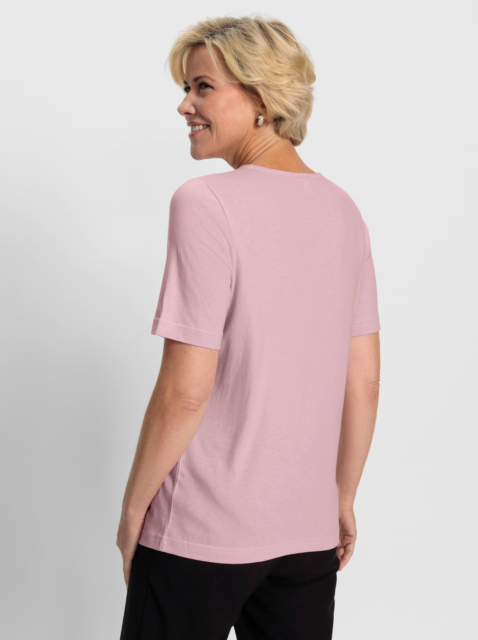  V-Shirt mit Spitze am Ausschnitt - rosé
