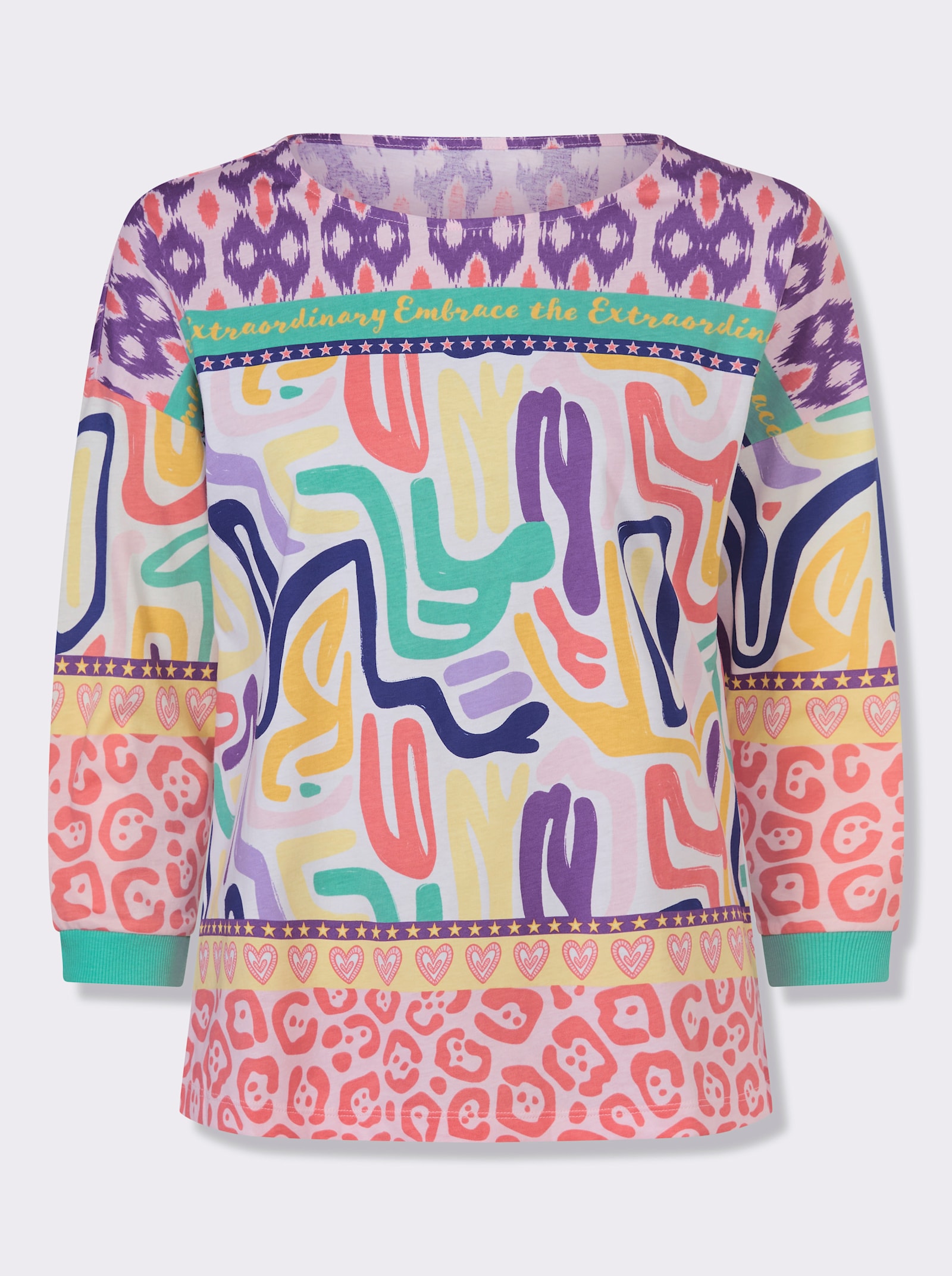 3/4-Arm-Shirt mit Bordüren-Print - weiß-koralle-bedruckt