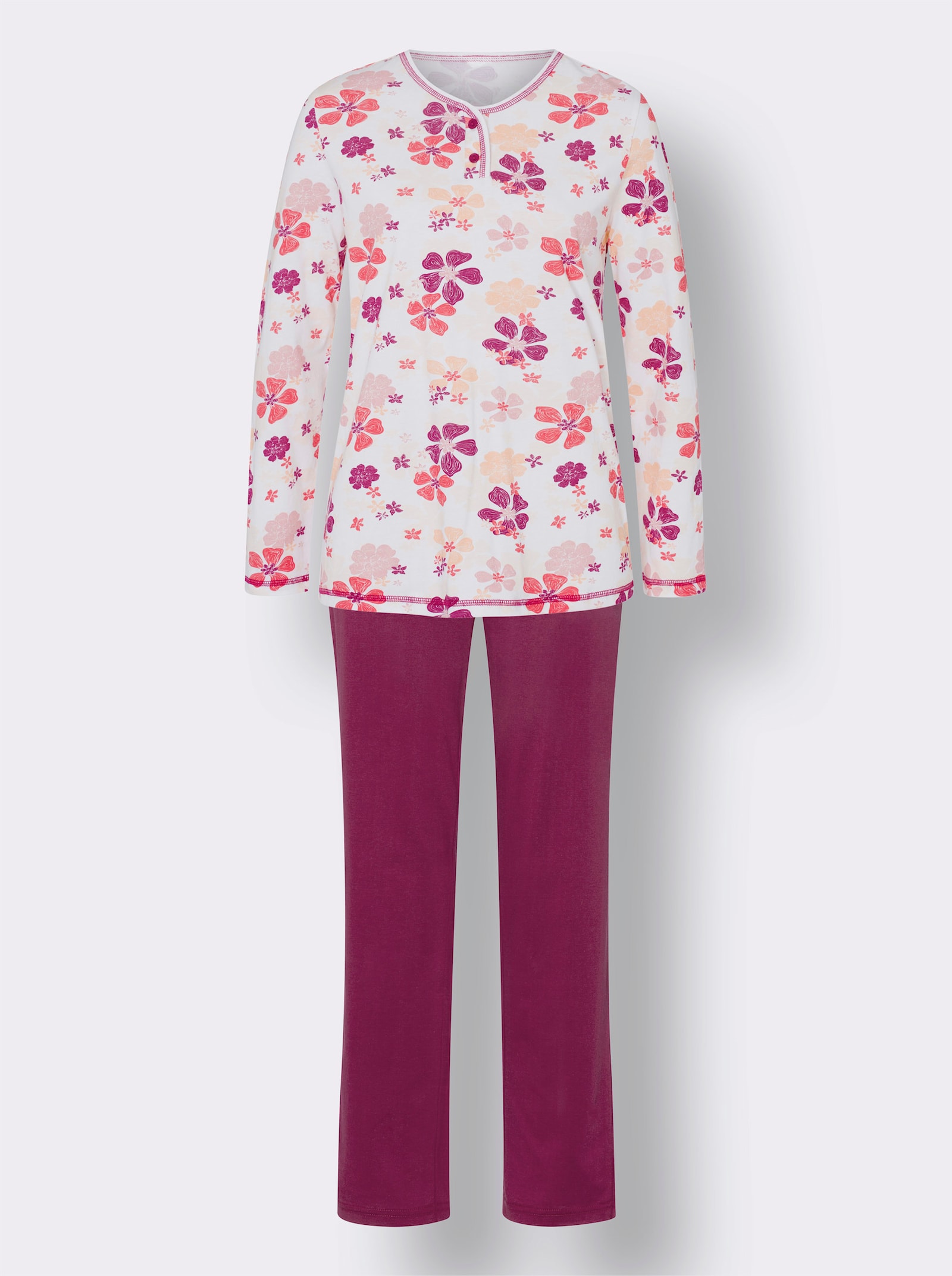 Pyžamo s krátkou knoflíkovou lištou, čistá bavlna - bílá-slézová-potisk