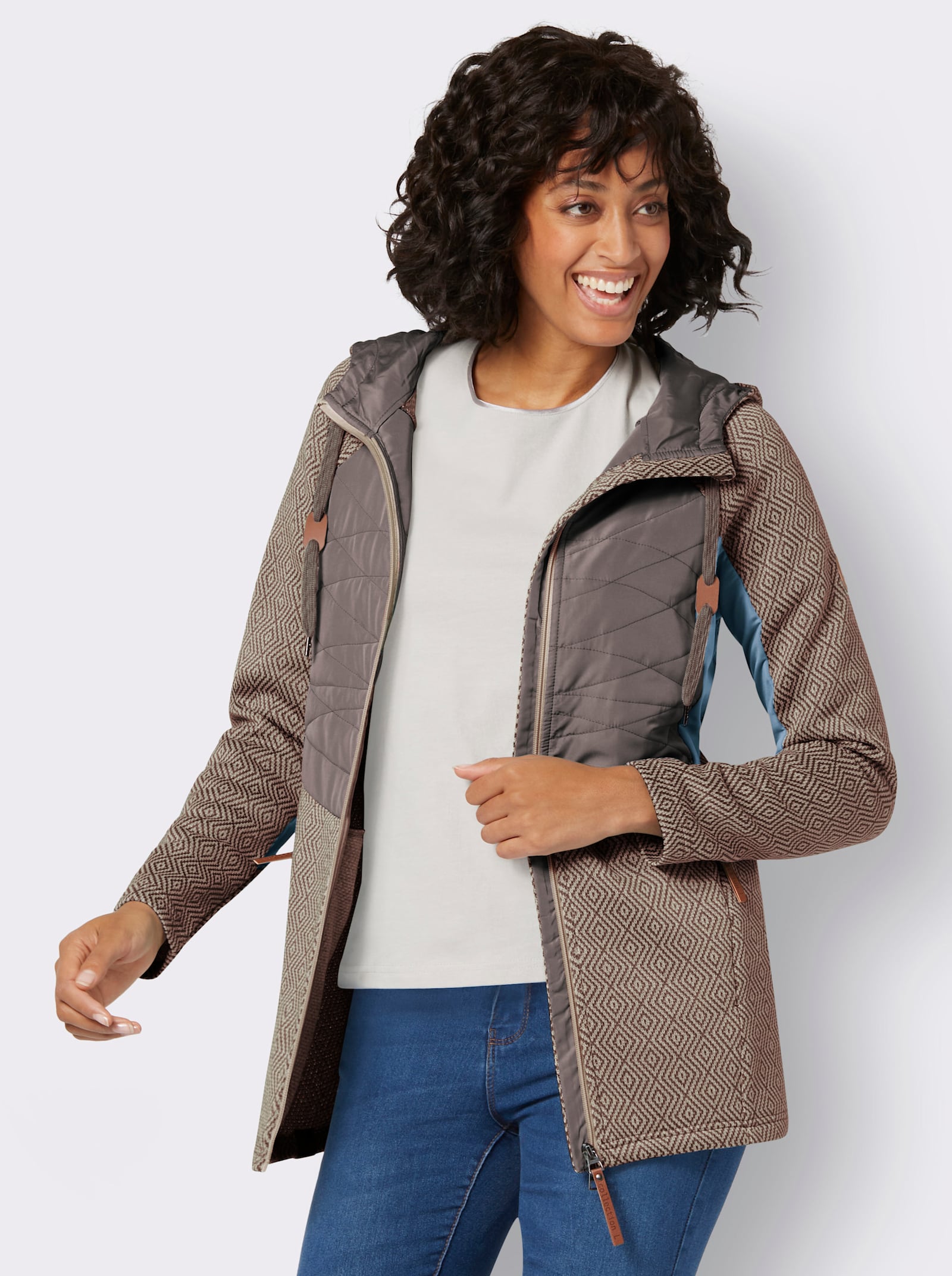 Strickfleece-Jacke in Longform - sesam-dunkeltaupe-gemustert