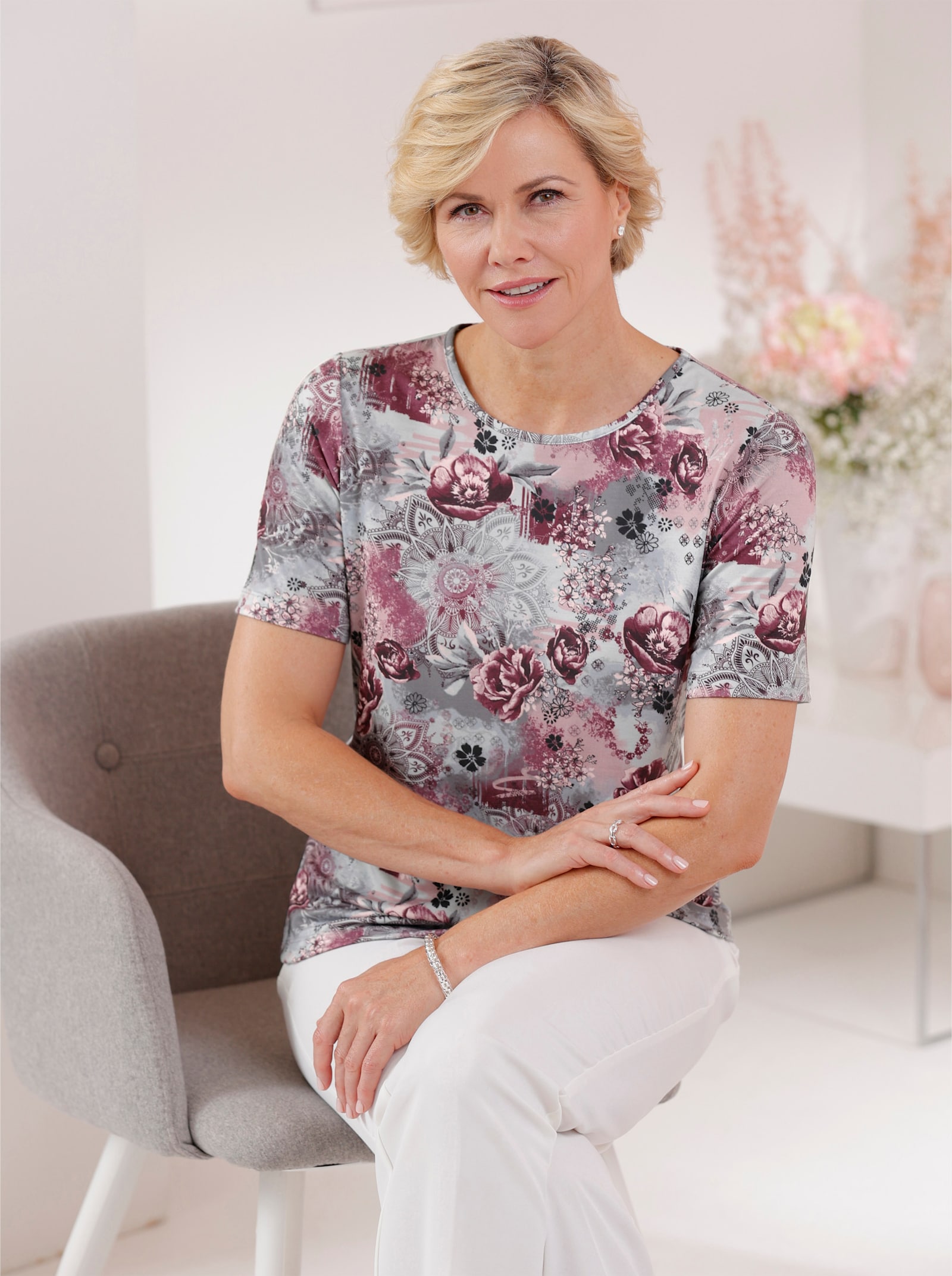 Shirt met ronde hals en bloemenpatroon - steengrijs/mauve bedrukt