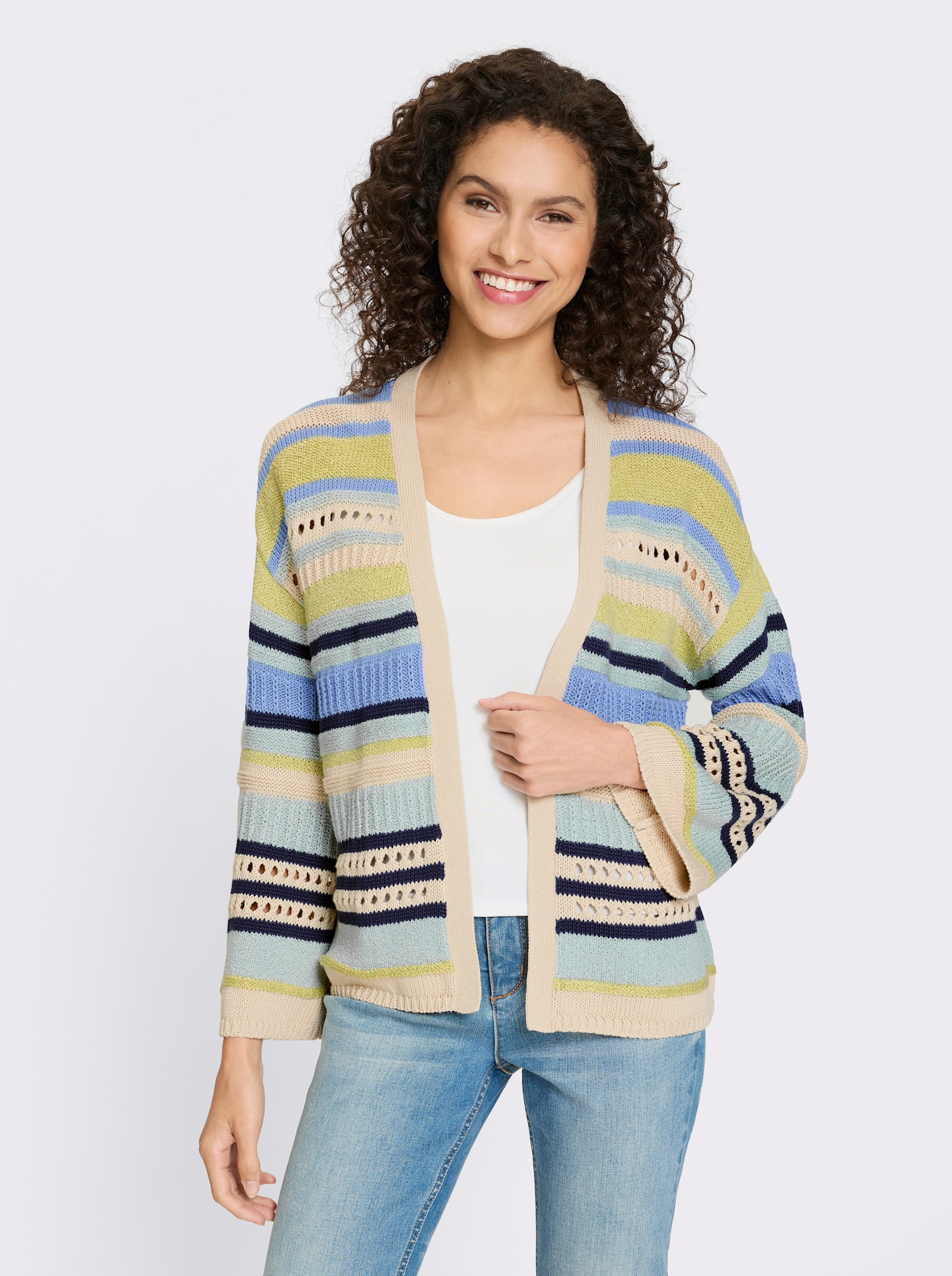 heine Strickjacke mit Ajourmuster - himmelblau-beige-gestreift