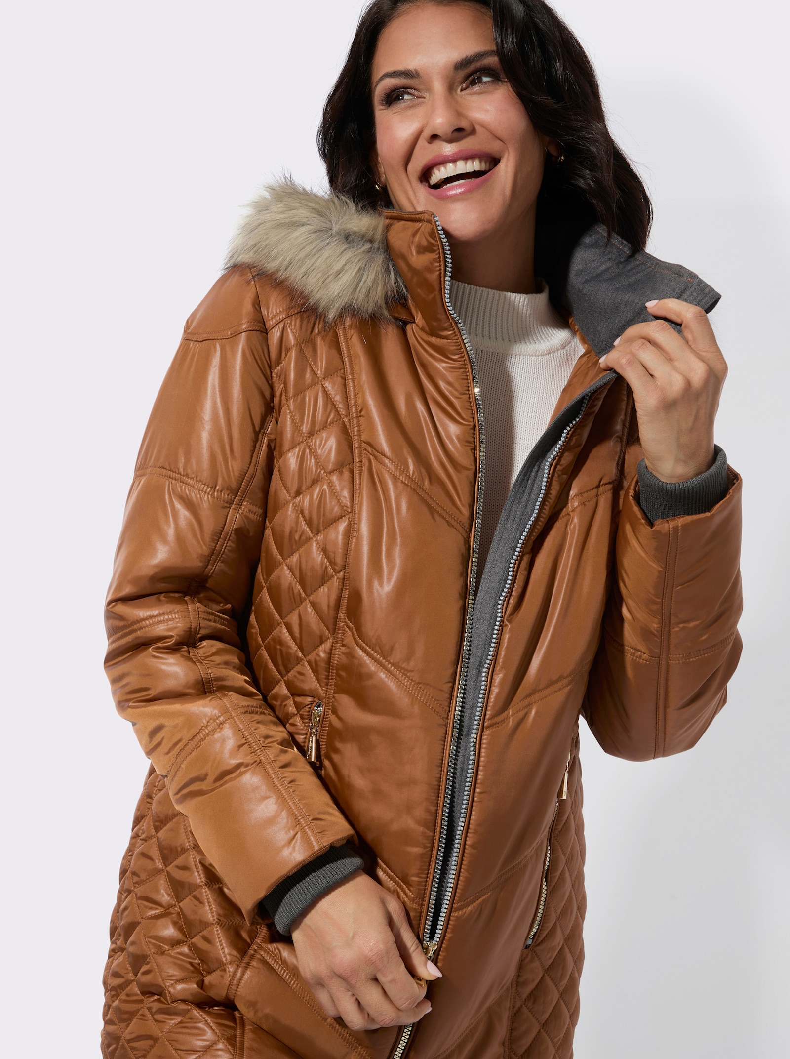 Steppjacke mit Kapuze mit Pelz-Imitat - cognac