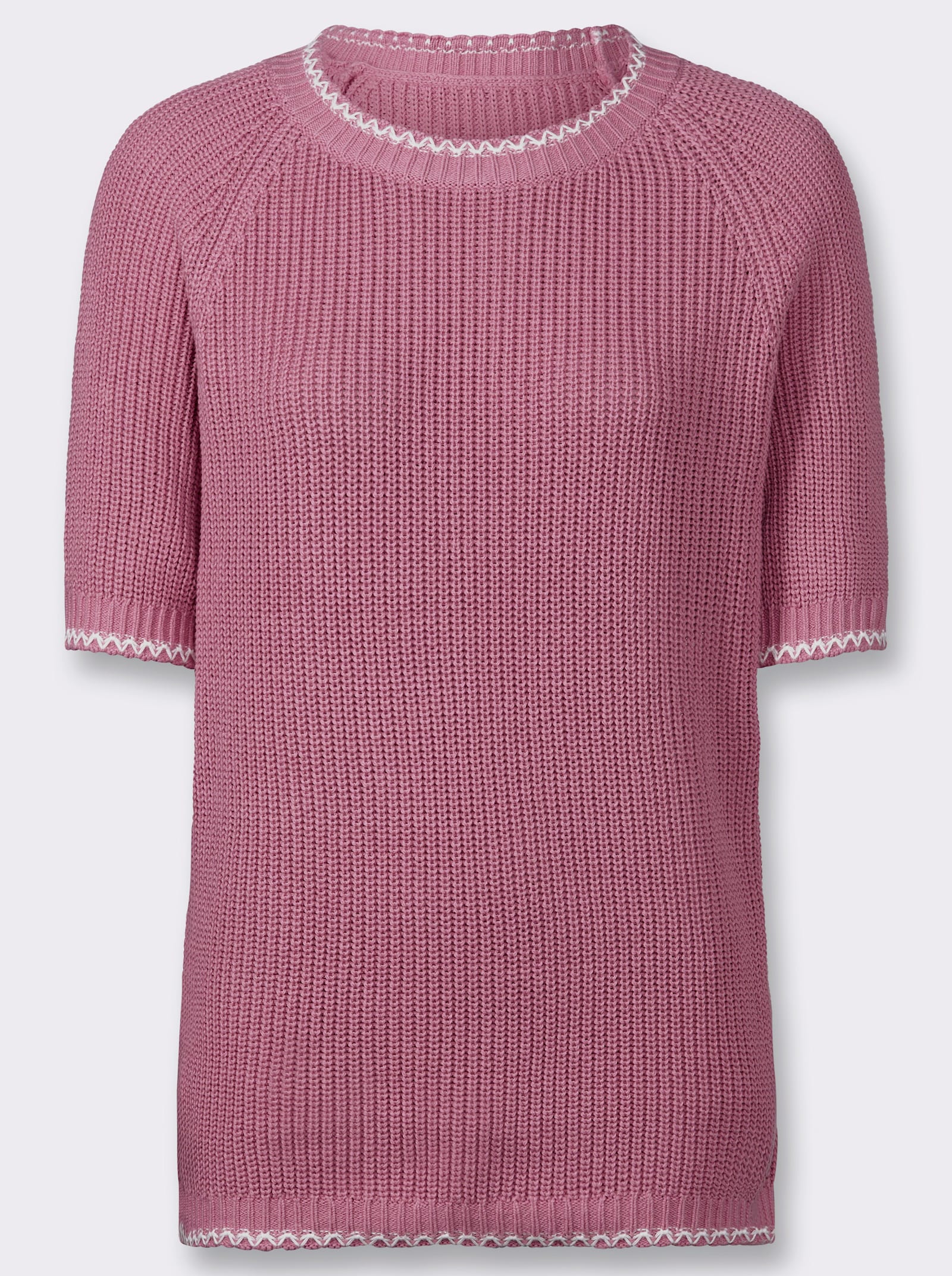 Kurzarmpullover mit Kontrast-Zierstichen - altrosa-ecru-gemustert