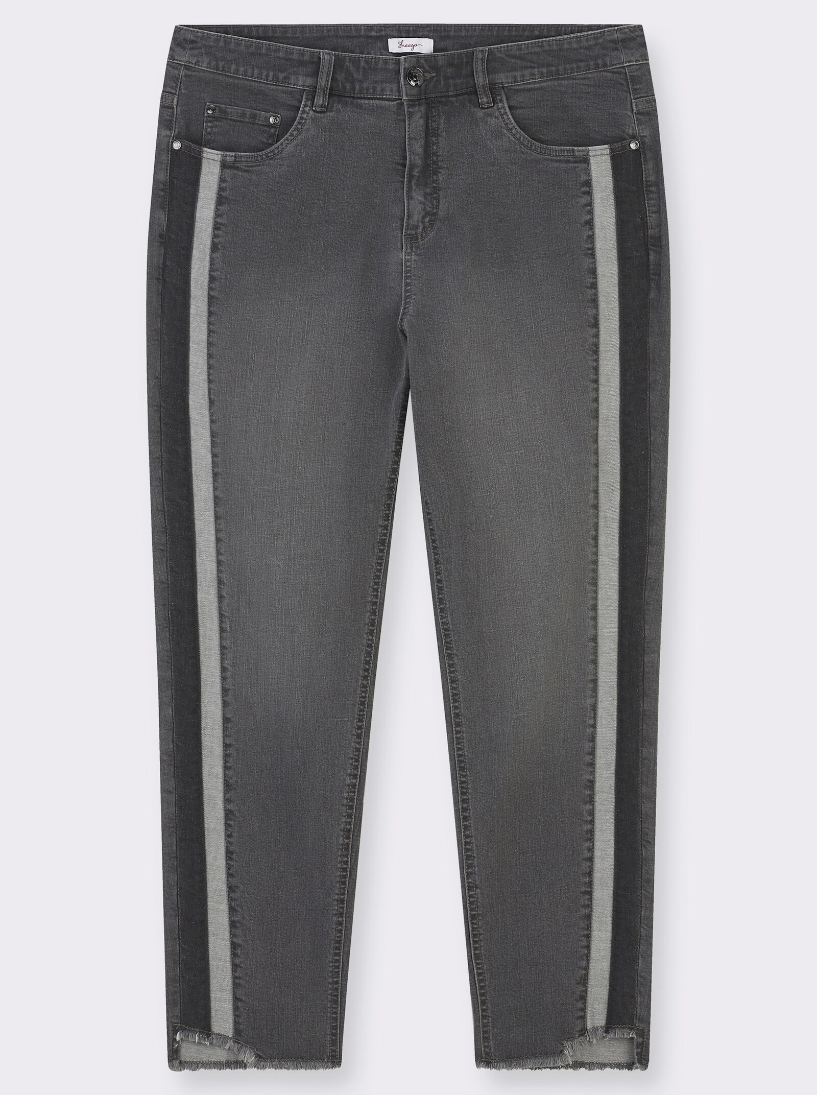 sheego Jeans mit Kontrasteinsatz und Fransensaum - grey denim