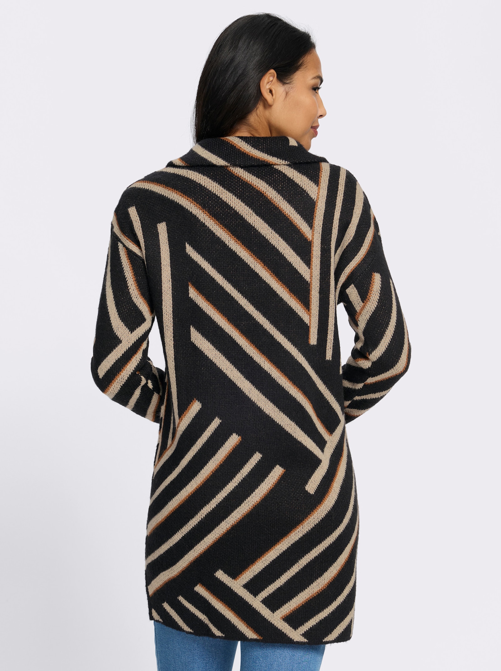 Longstrickjacke mit grafischem Jacquardmuster - schwarz-beige-gemustert