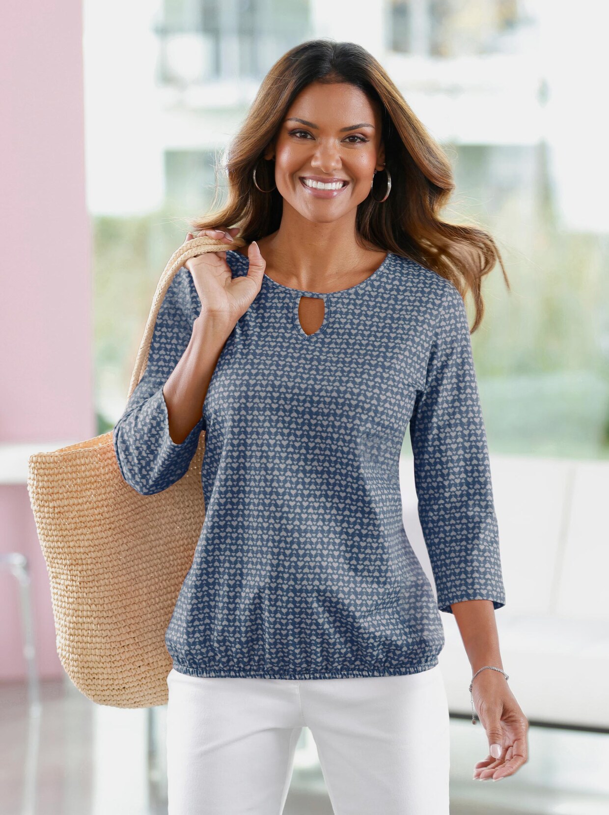 3/4-Arm-Shirt - jeansblau-steingrau-bedruckt