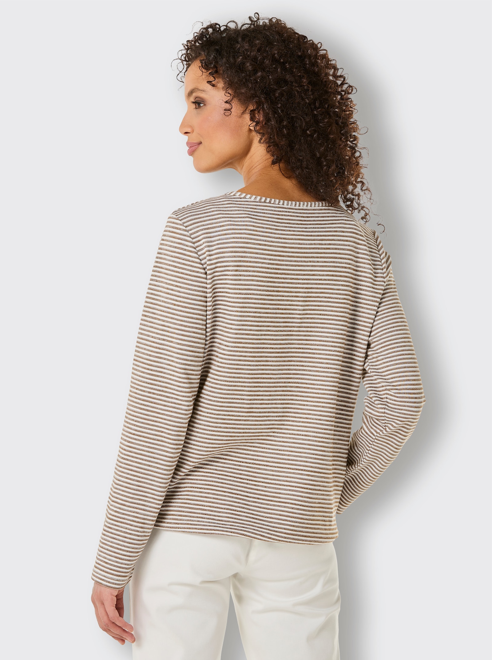 CREATION L PREMIUM V-Shirt mit V-förmigen Streifen - braun-ecru-geringelt