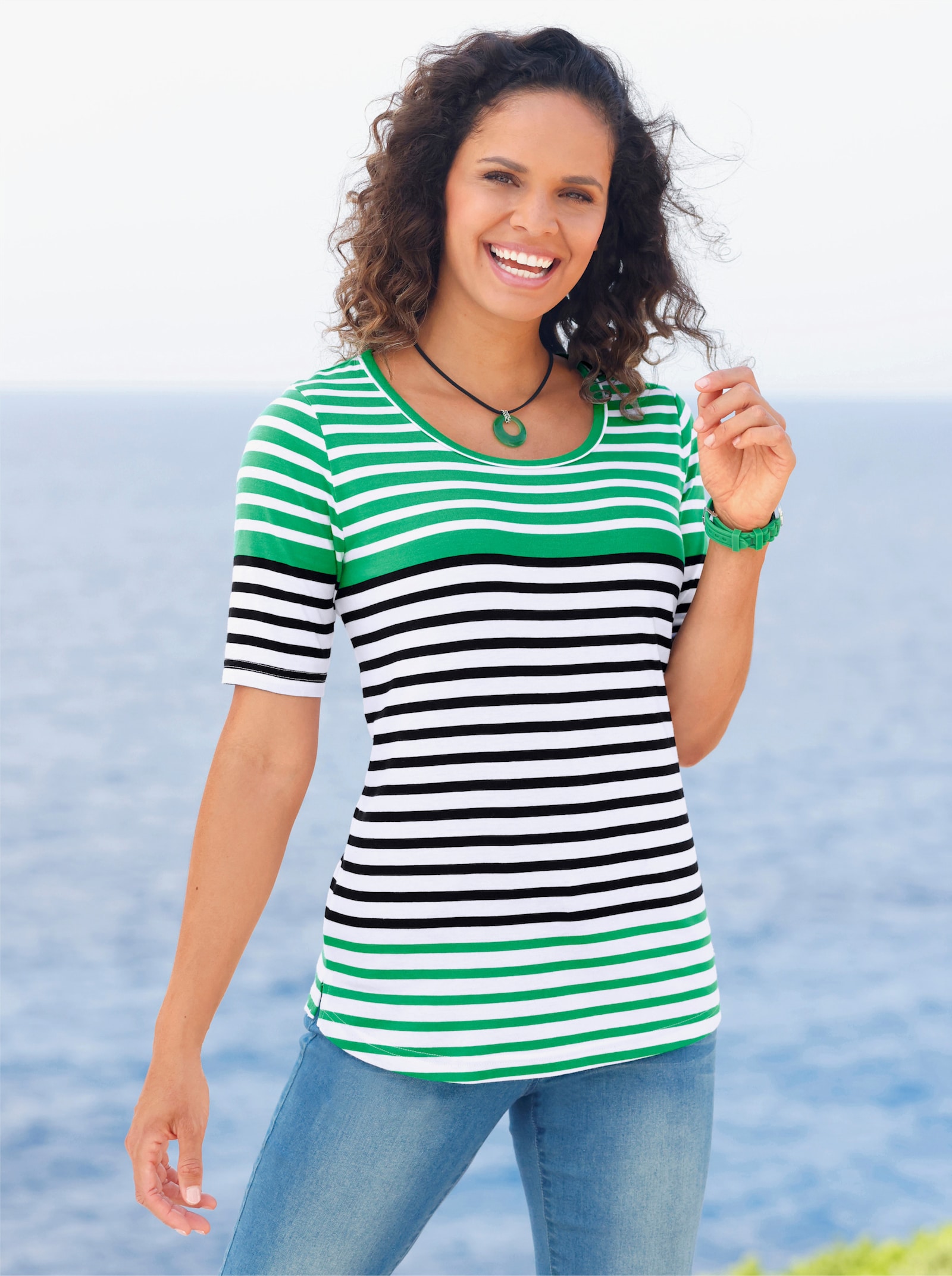 Ringelshirt mit garngefärbtem Muster - grasgrün-weiß-gestreift