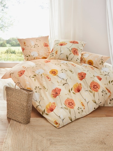 heine home Bedtextiel - apricot/olijf gedessineerd