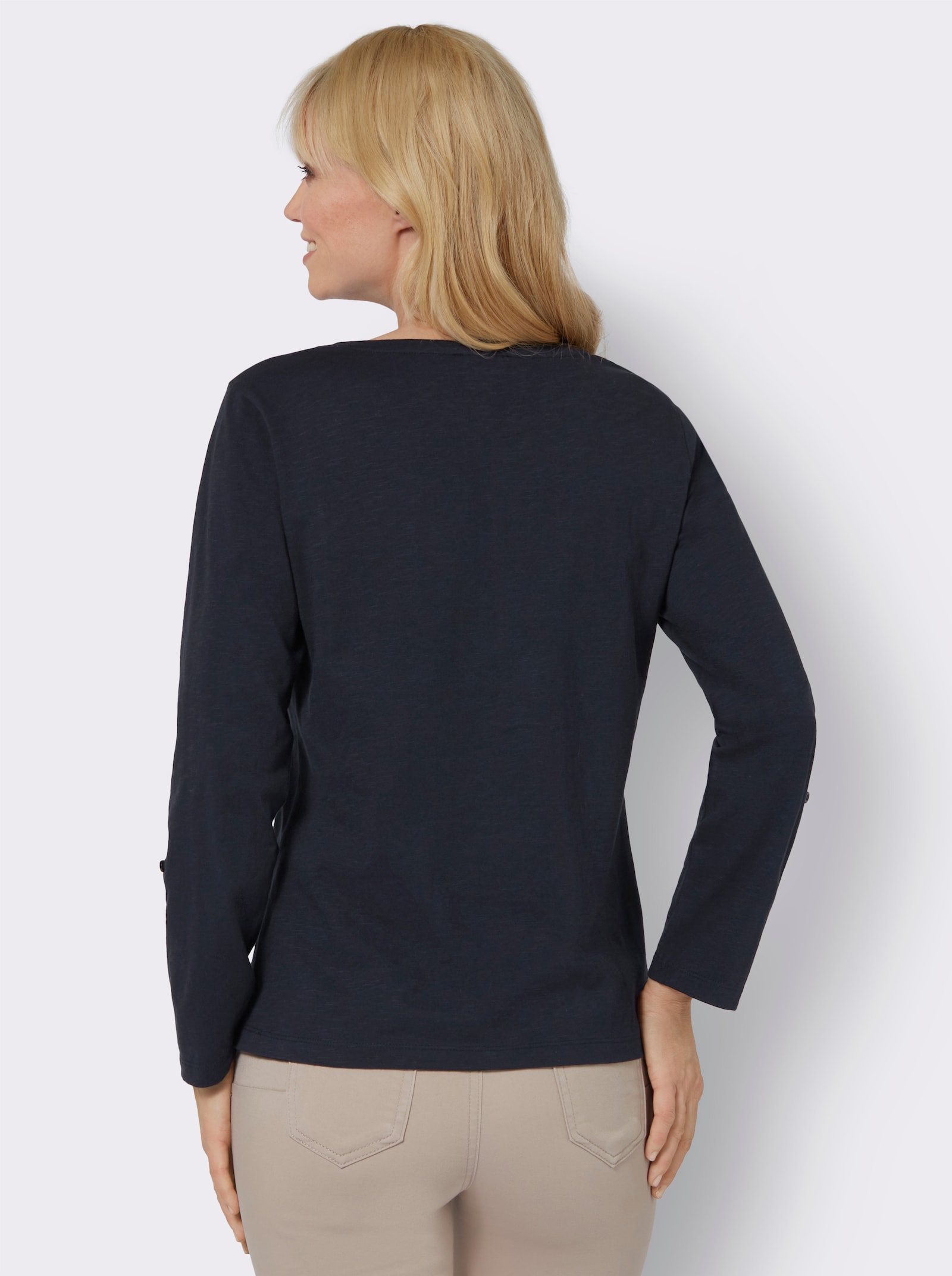 Langarmshirt mit Glitzersteinchen-Verzierung - marine-weiß-bedruckt