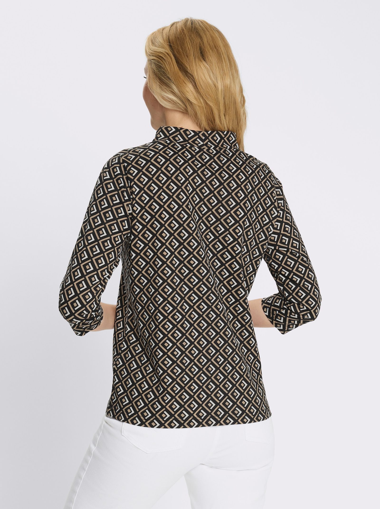 Stehkragenshirt mit weitem Stehkragen - beige-schwarz-bedruckt