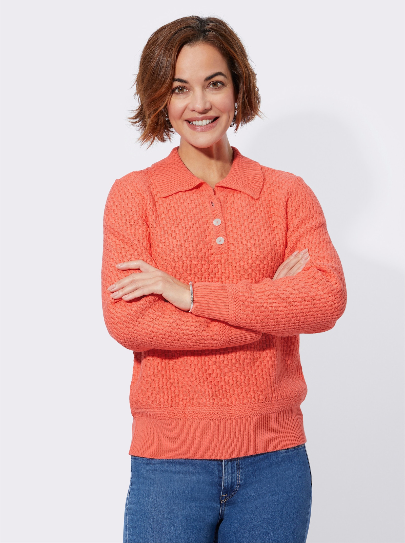 Polopullover mit Strickstruktur - koralle