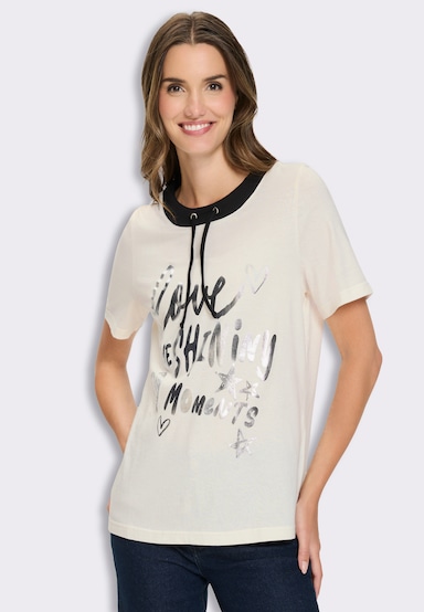 Kurzarmshirt mit Foliendruck - ecru-schwarz