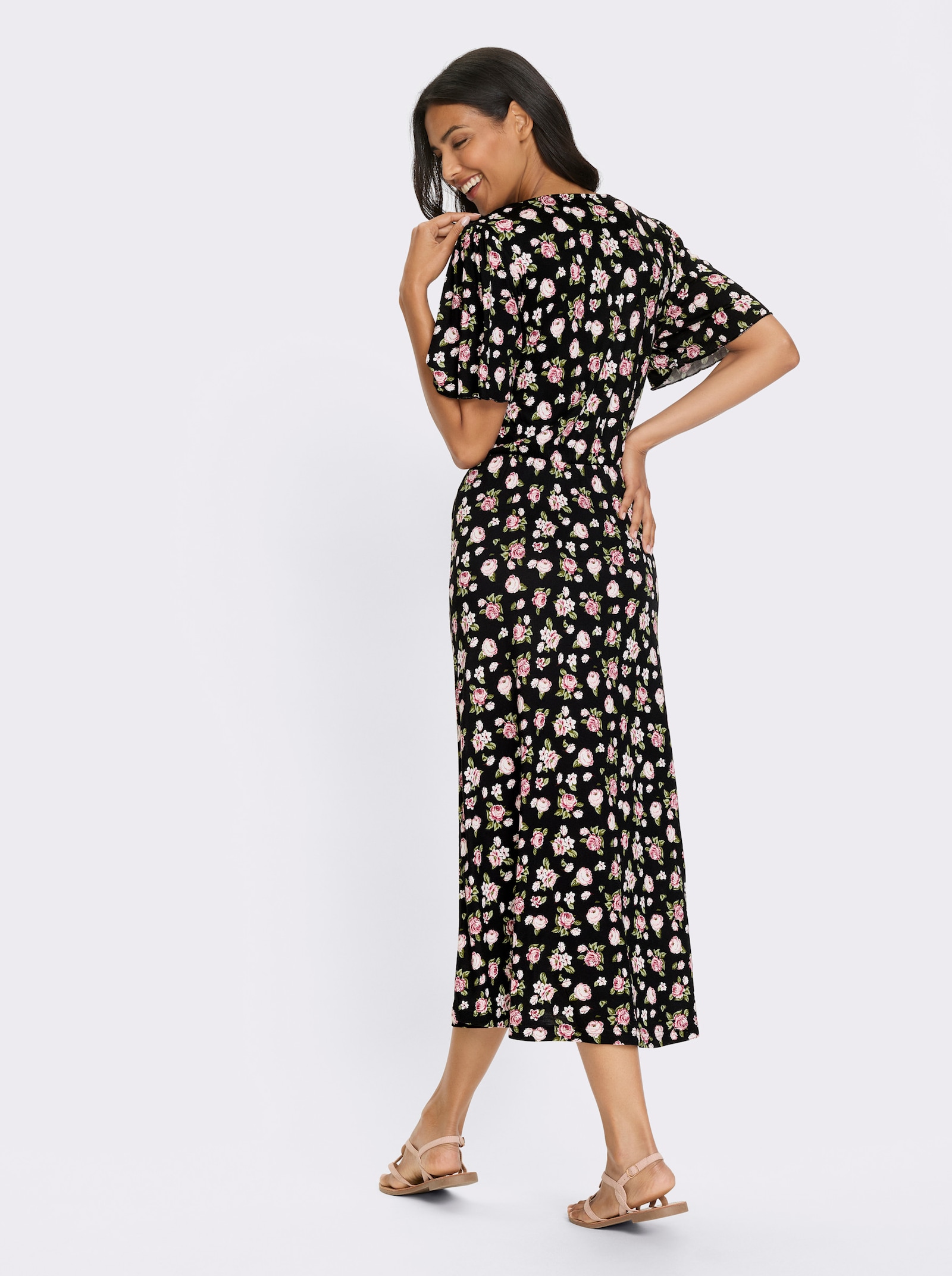 Jerseykleid im Blüten-Dessin - schwarz-altrosa-bedruckt