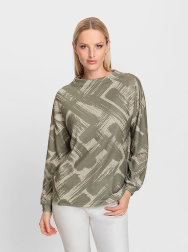 heine Langarmshirt mit Kelchkragen - khaki-sand-bedruckt