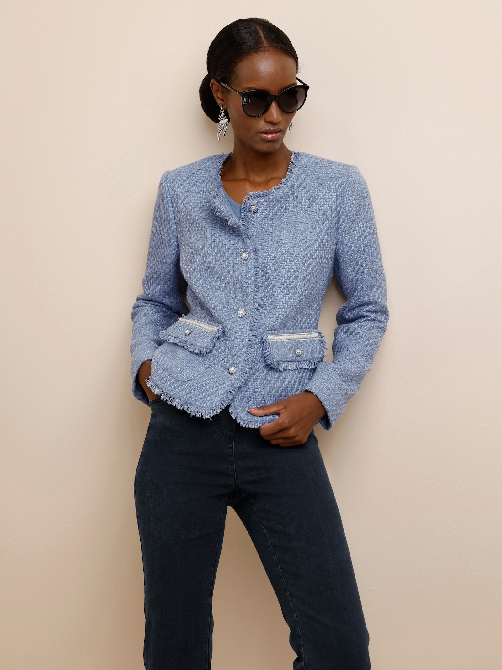 Bouclé-Blazer mit Fransen-Verzierung - taubenblau