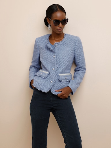 Bouclé-Blazer mit Fransen-Verzierung - taubenblau